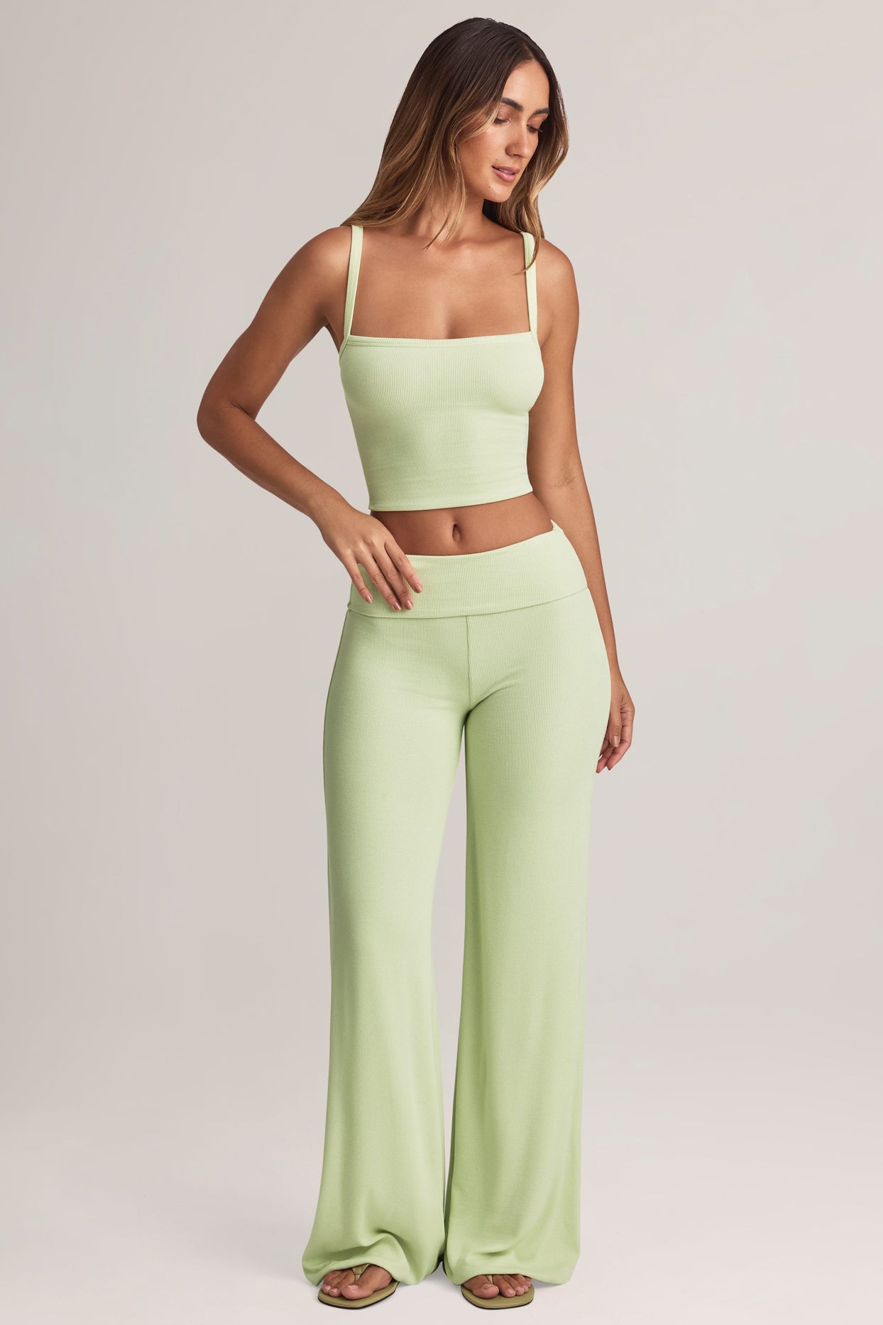 Modal Foldover Wide-Leg Trousers in Sage Green - 4
