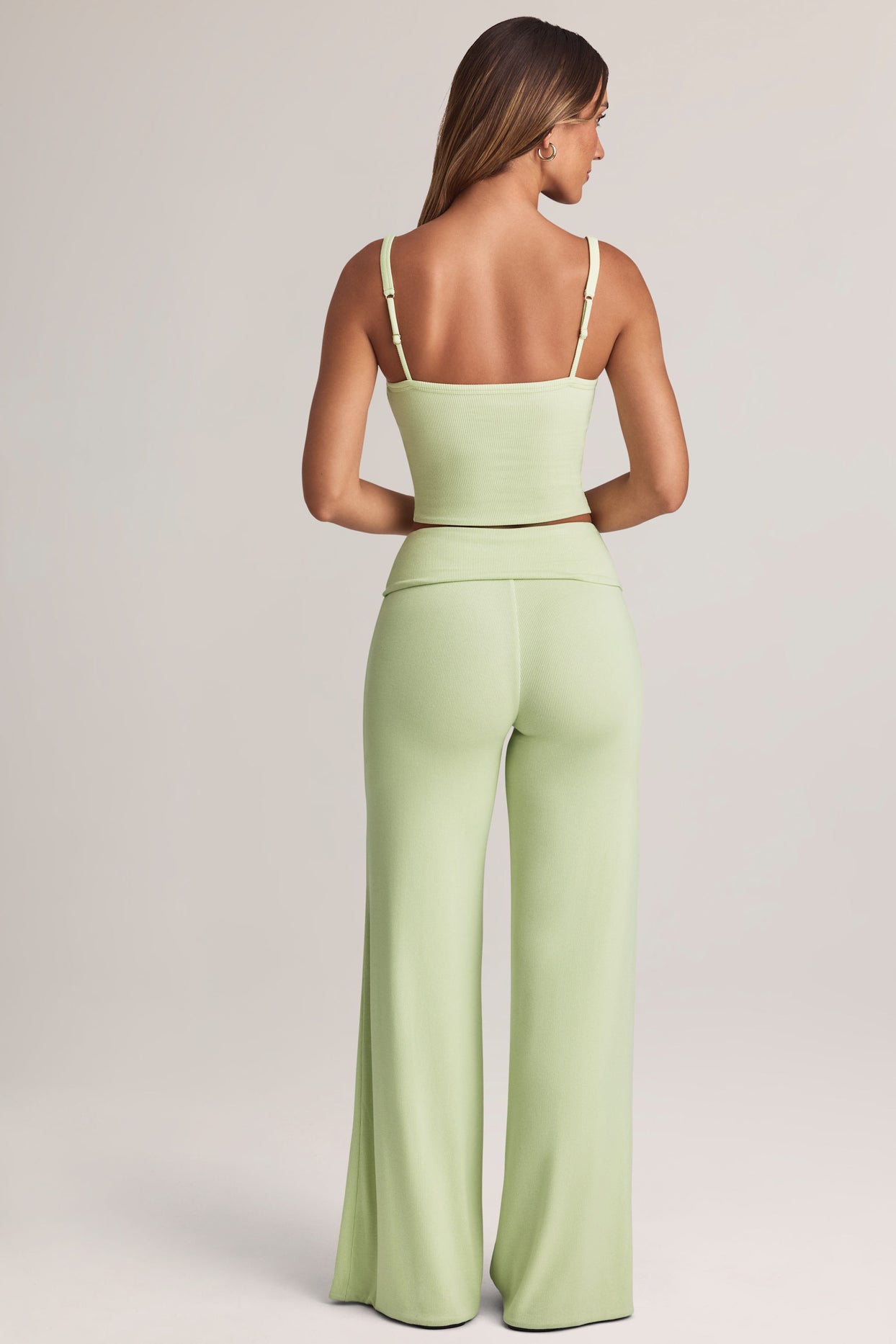 Modal Foldover Wide-Leg Trousers in Sage Green - 2