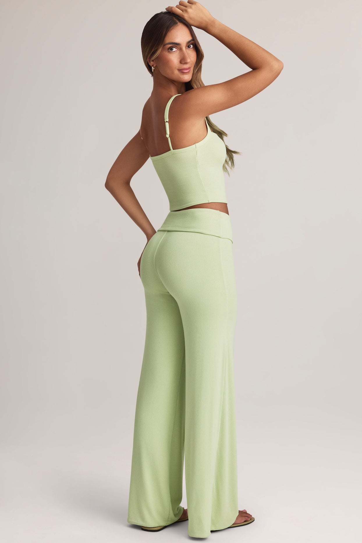 Modal Foldover Wide-Leg Trousers in Sage Green - 3