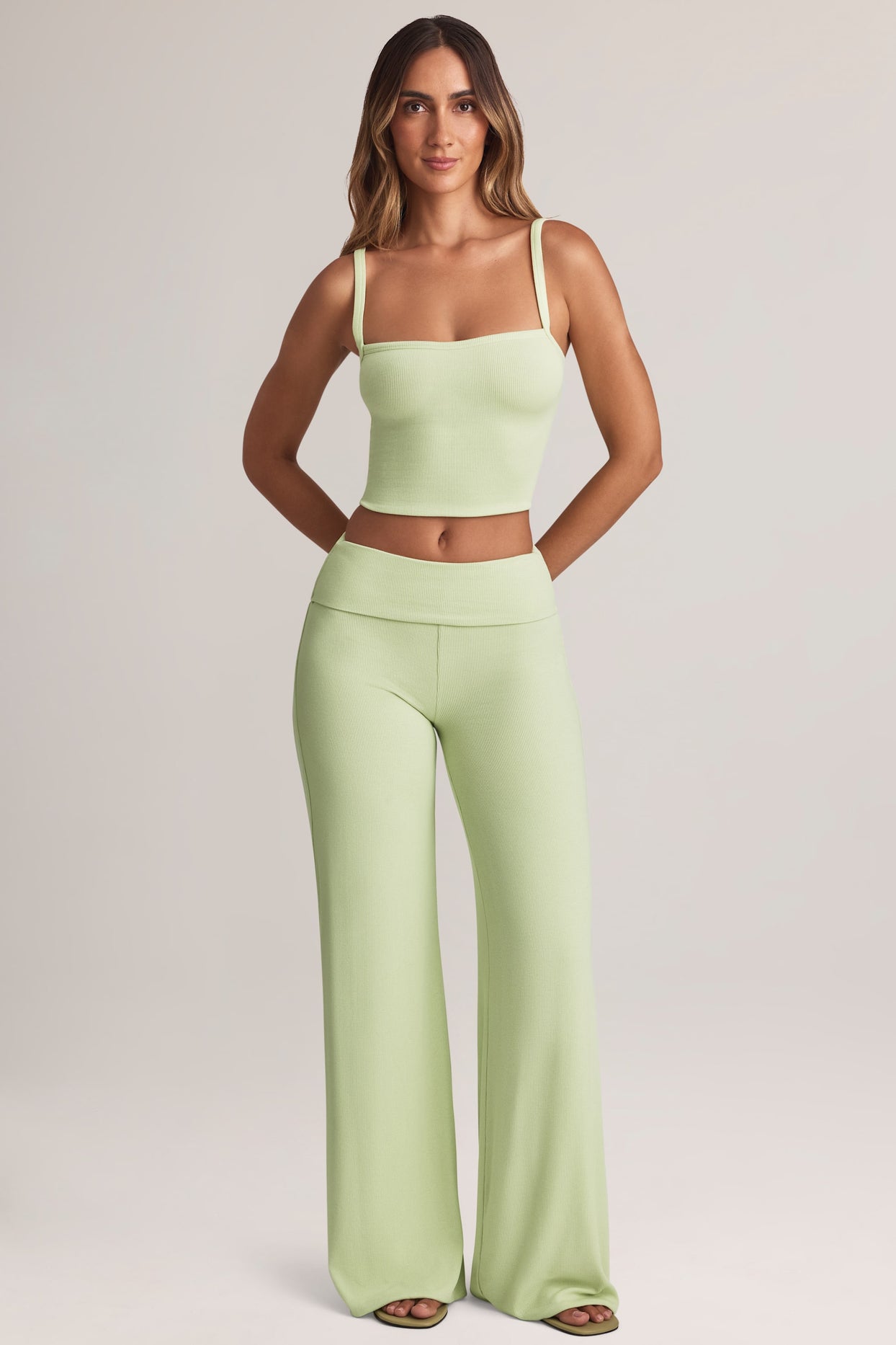 Modal Foldover Wide-Leg Trousers in Sage Green - 5