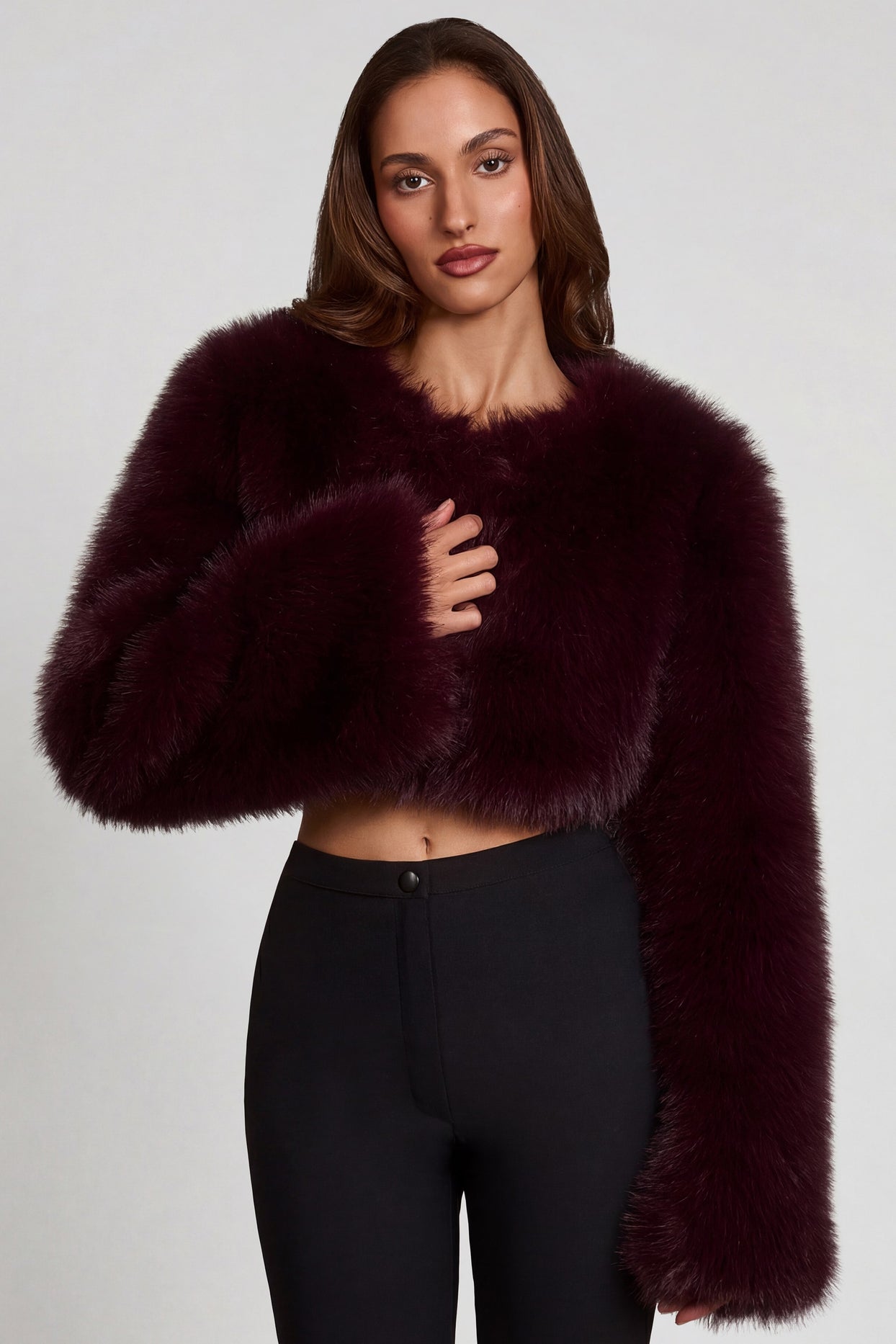 Faux Fur Cropped Bolero in Wine - 5
