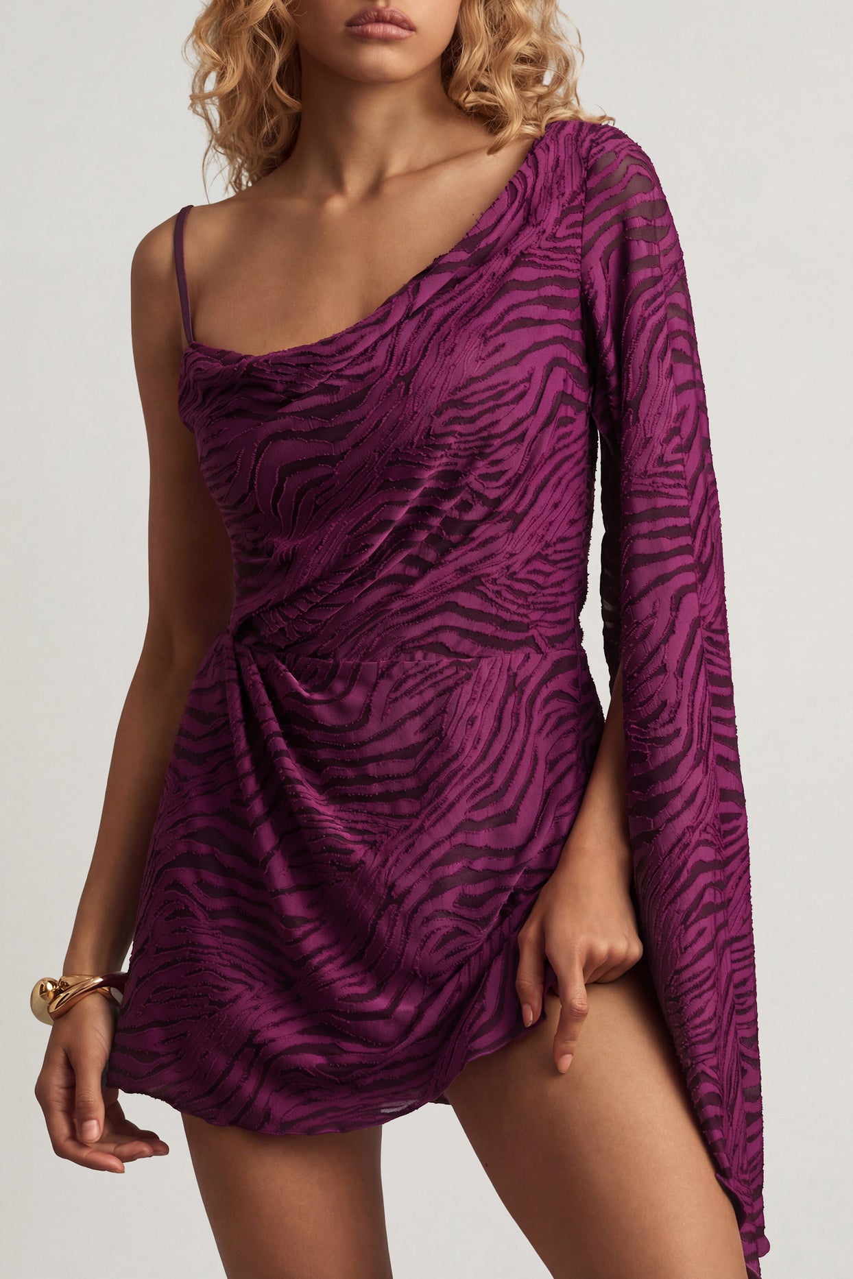 Devoré One-Sleeve A-Line Mini Dress in Berry Purple - 4