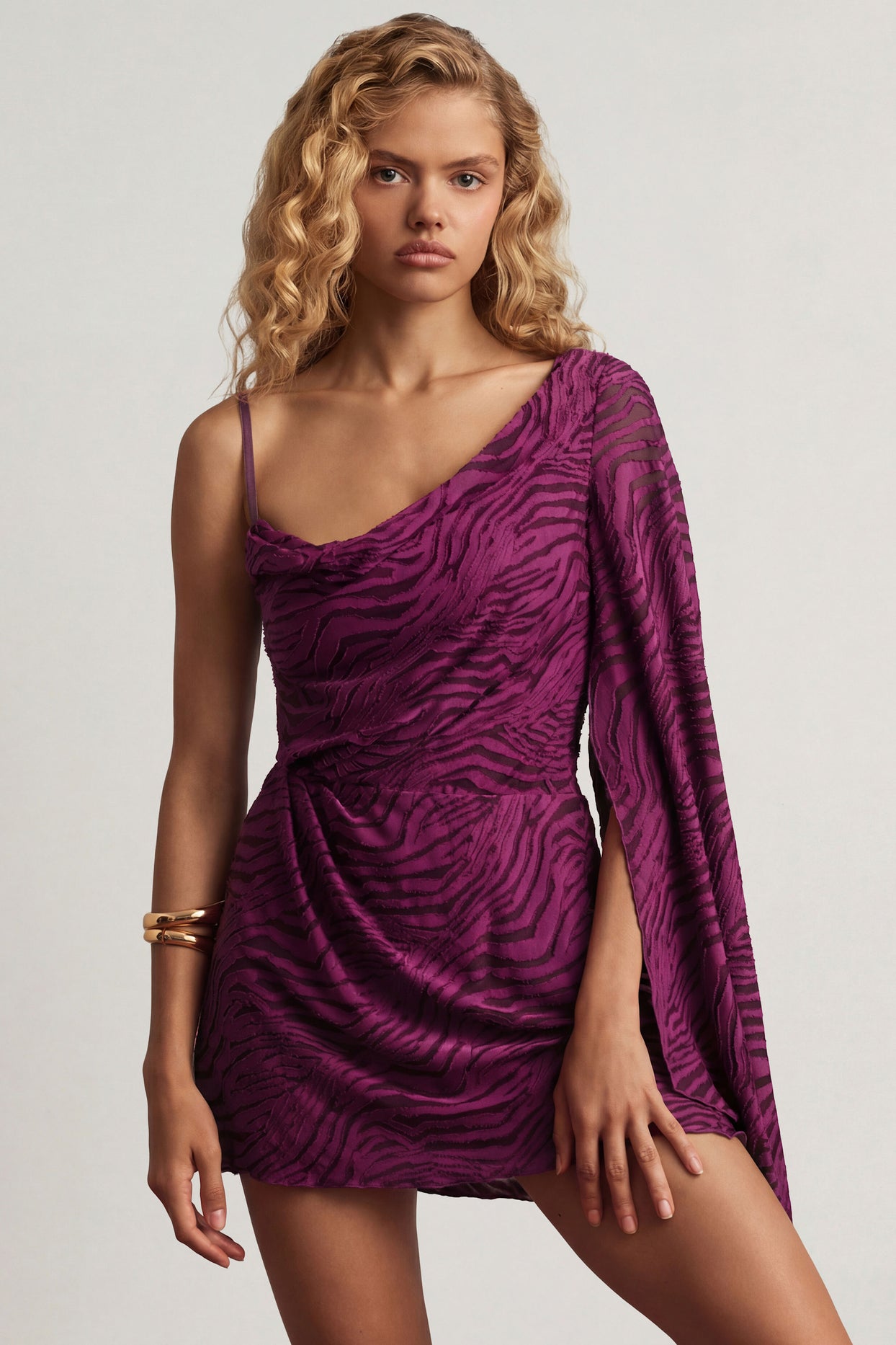 Devoré One-Sleeve A-Line Mini Dress in Berry Purple - 1