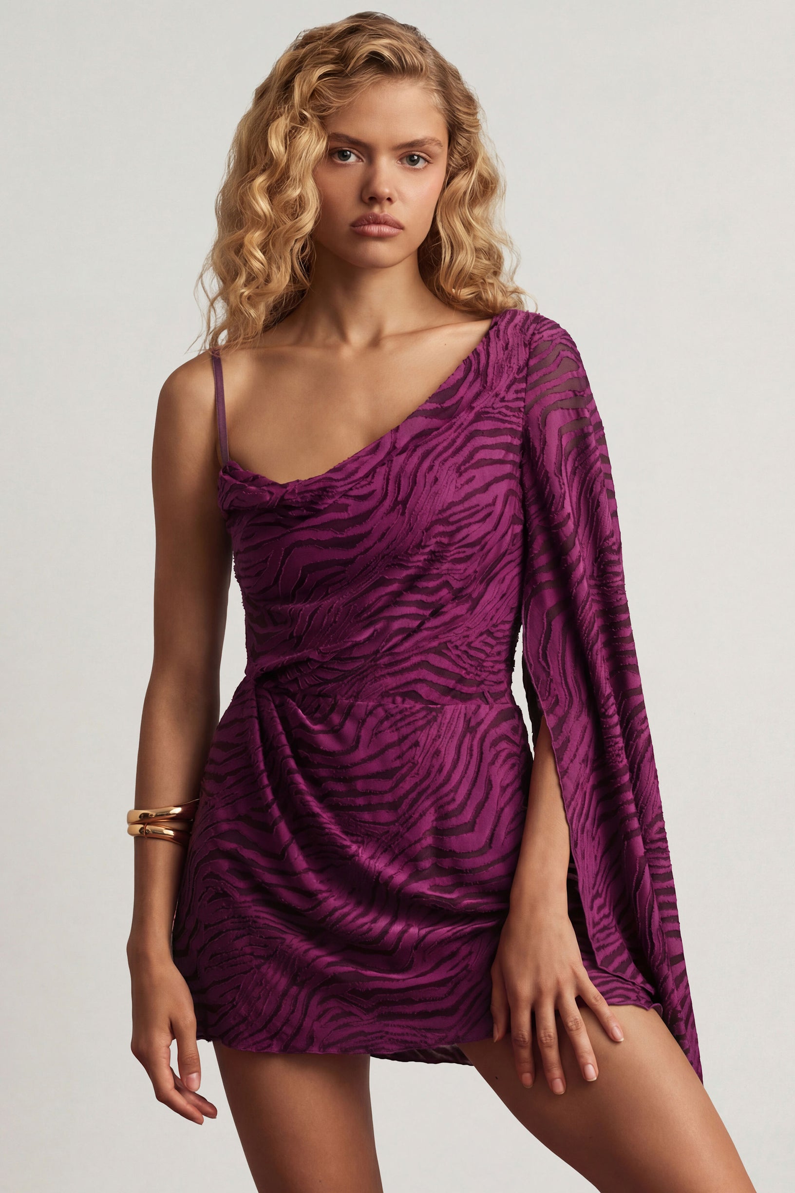 Devoré One-Sleeve A-Line Mini Dress in Berry Purple - 1