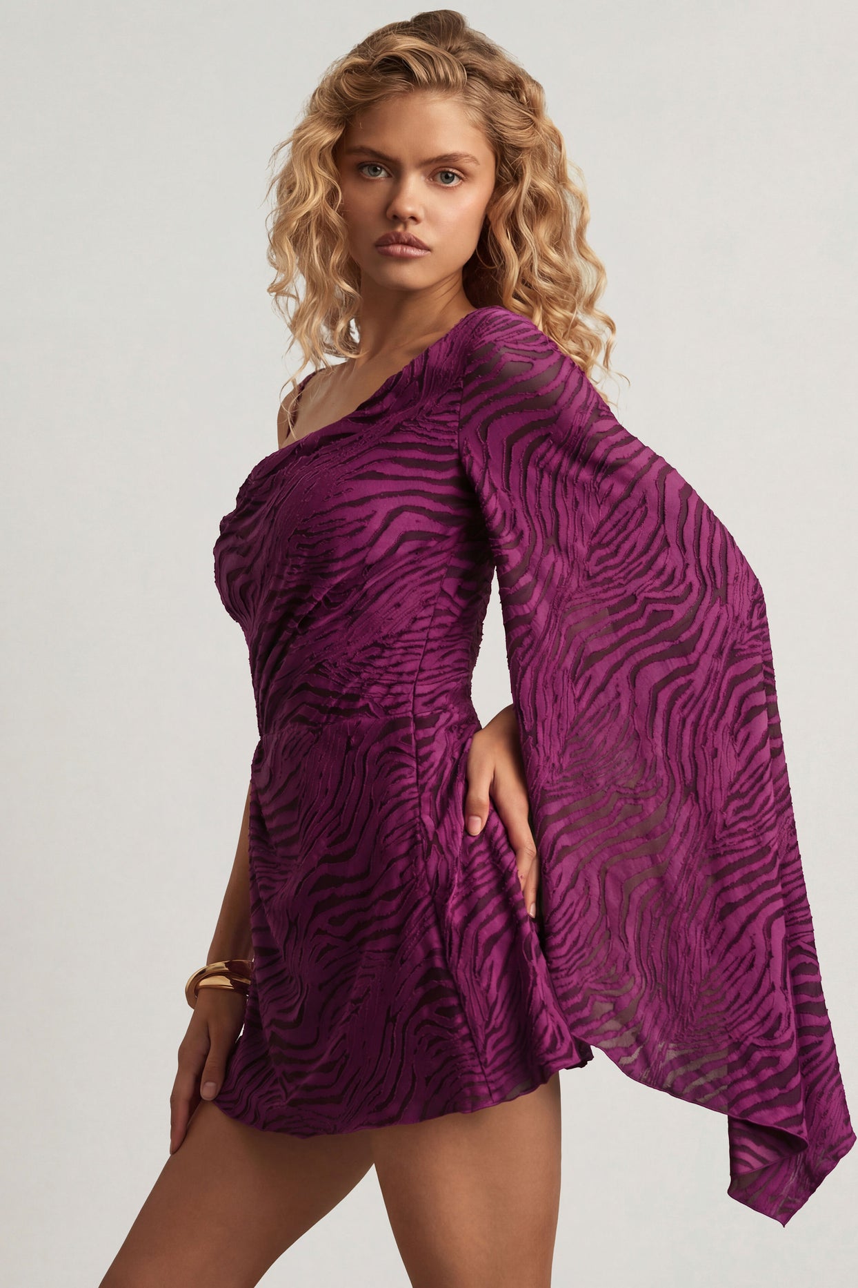 Devoré One-Sleeve A-Line Mini Dress in Berry Purple - 6