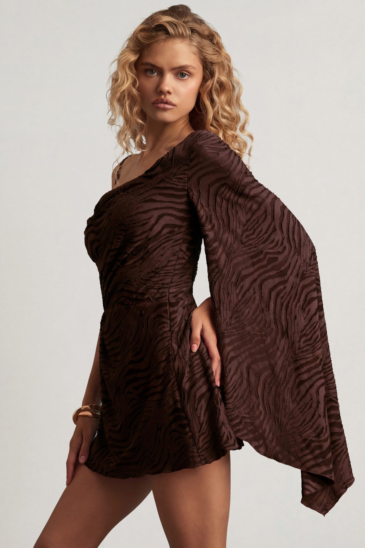 Devoré One-Sleeve A-Line Mini Dress in Dark Chocolate - 8