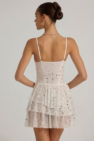 Oh Polly model Anna wearing the Orren Mini Dress in White Mesh fabric perfect for date night