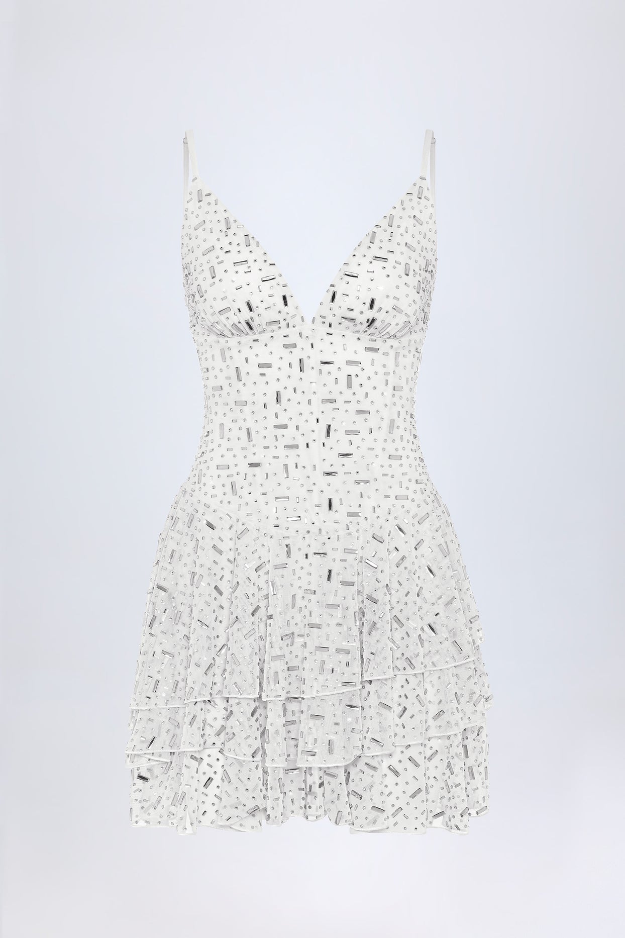 Embellished Ruffled Tiered Mini Dress in White - 3