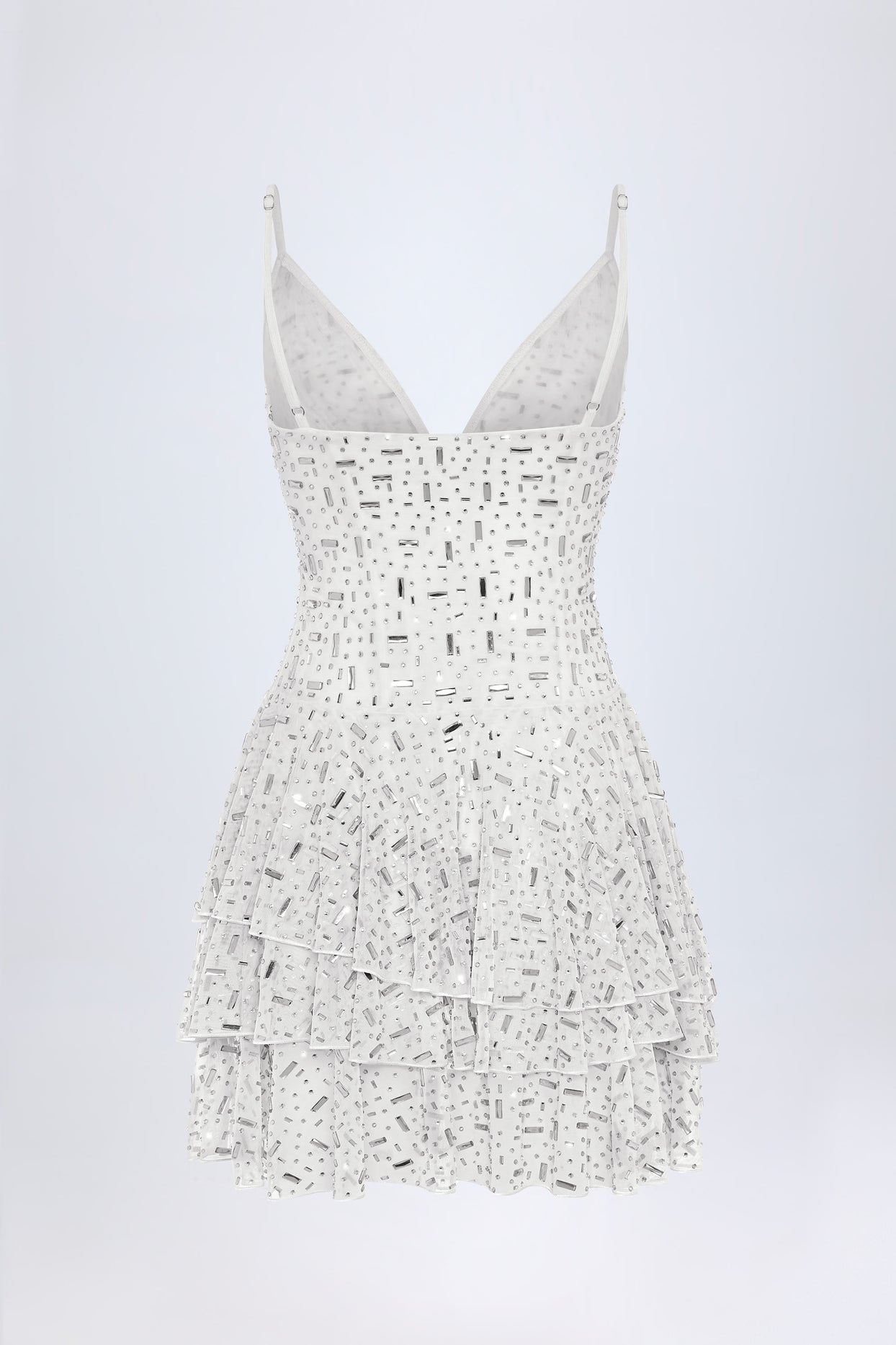Embellished Ruffled Tiered Mini Dress in White - 5