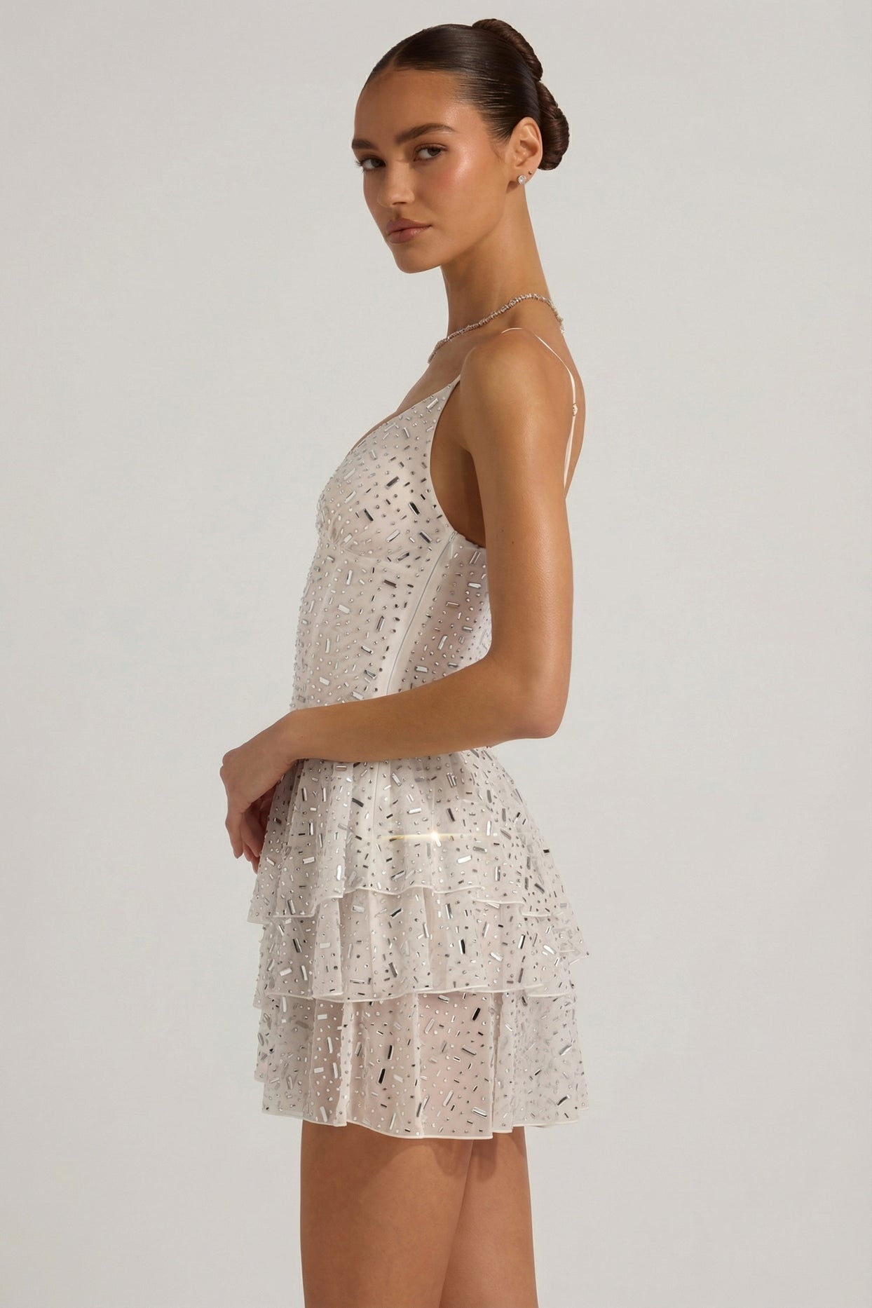 Embellished Ruffled Tiered Mini Dress in White - 4