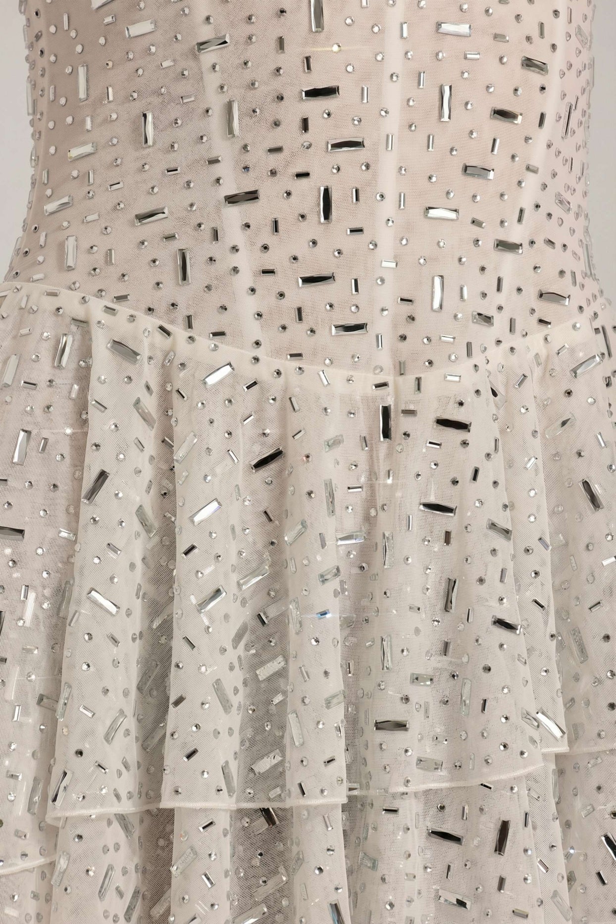 Embellished Ruffled Tiered Mini Dress in White - 7