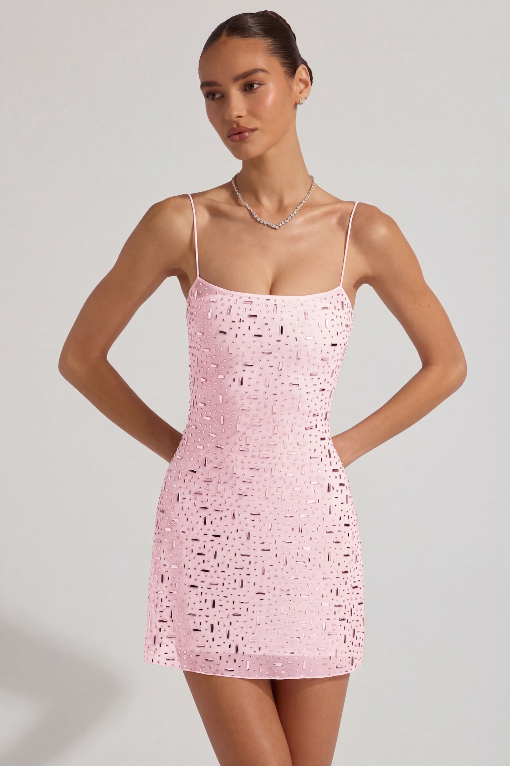 Sheer Embellished Square-Neck Mini Dress in Pink - 1
