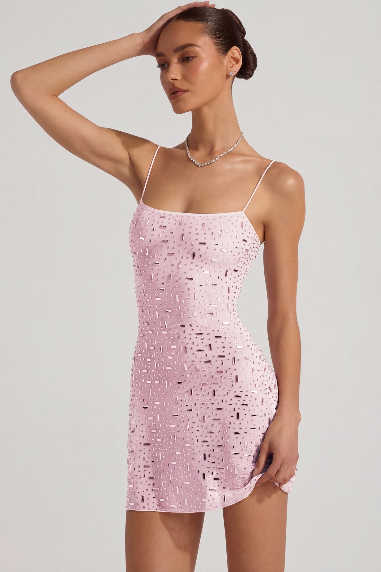 Sheer Embellished Square-Neck Mini Dress in Pink - 6