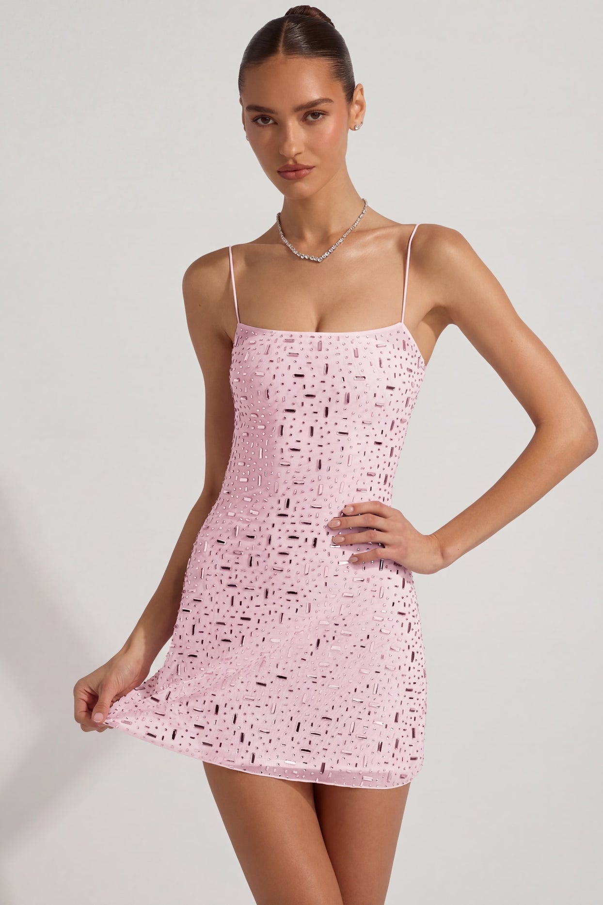 Sheer Embellished Square-Neck Mini Dress in Pink - 7