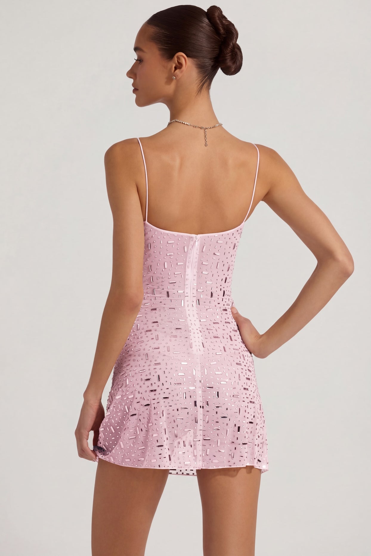 Sheer Embellished Square-Neck Mini Dress in Pink - 2