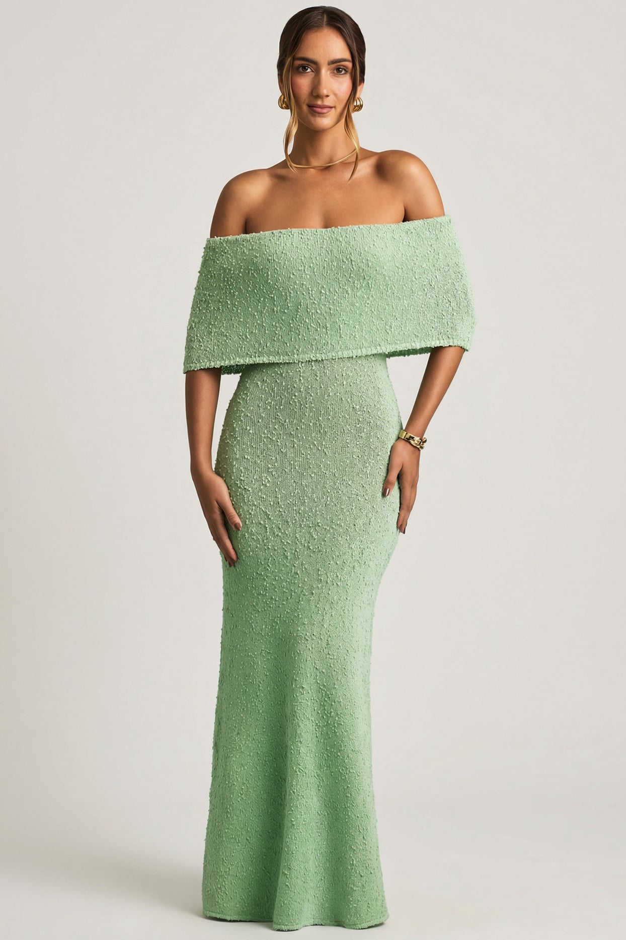 Bouclé Off-Shoulder Maxi Dress in Mint - 1
