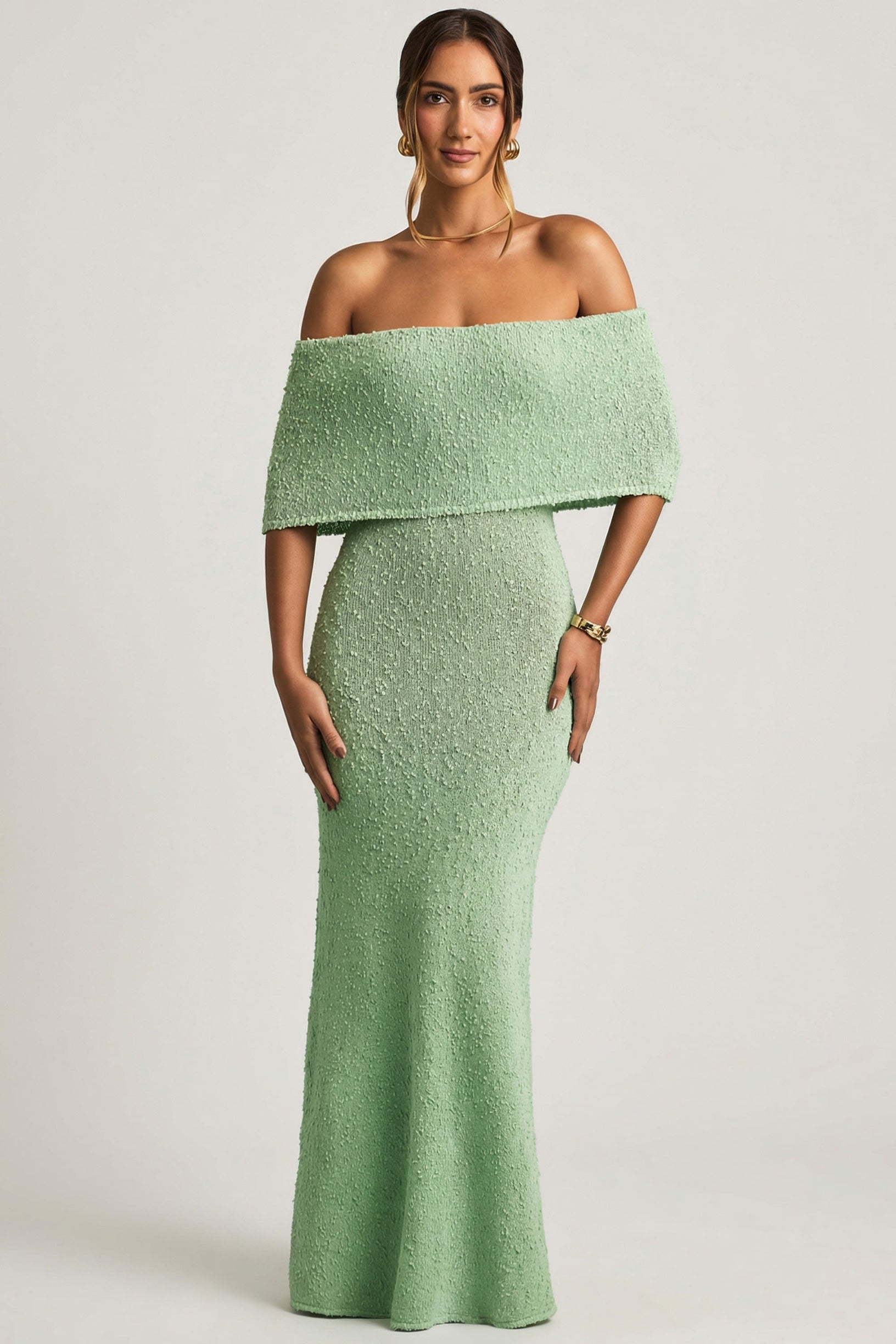 Bouclé Off-Shoulder Maxi Dress in Mint - 1