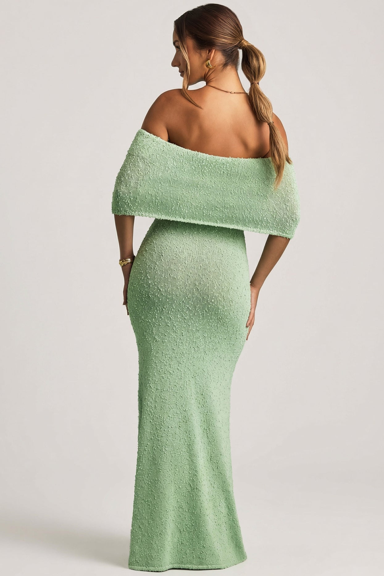 Bouclé Off-Shoulder Maxi Dress in Mint - 5