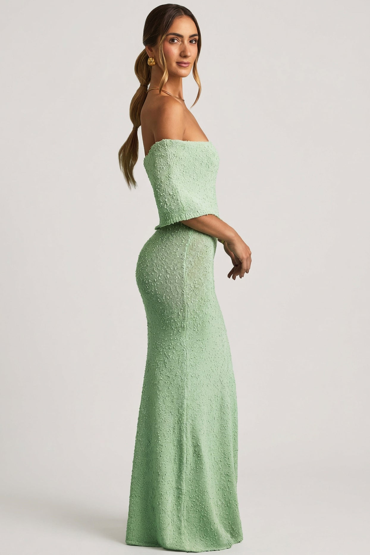 Bouclé Off-Shoulder Maxi Dress in Mint - 3