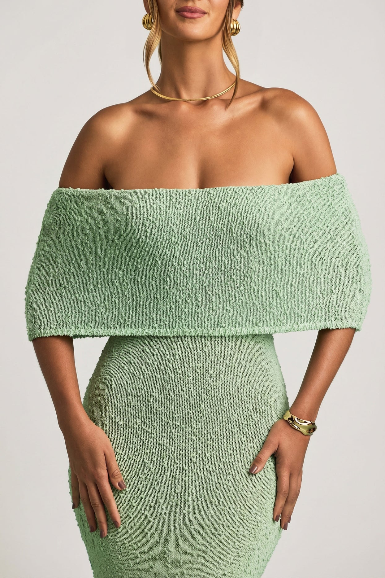 Bouclé Off-Shoulder Maxi Dress in Mint - 4