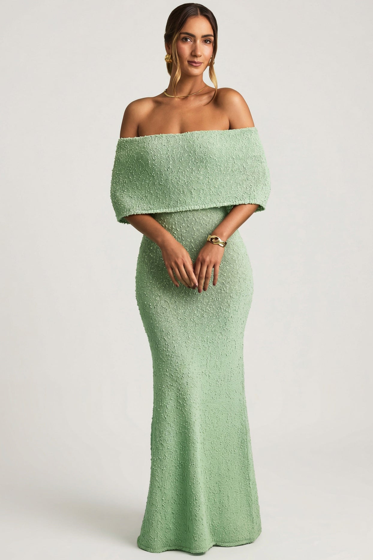 Bouclé Off-Shoulder Maxi Dress in Mint - 6