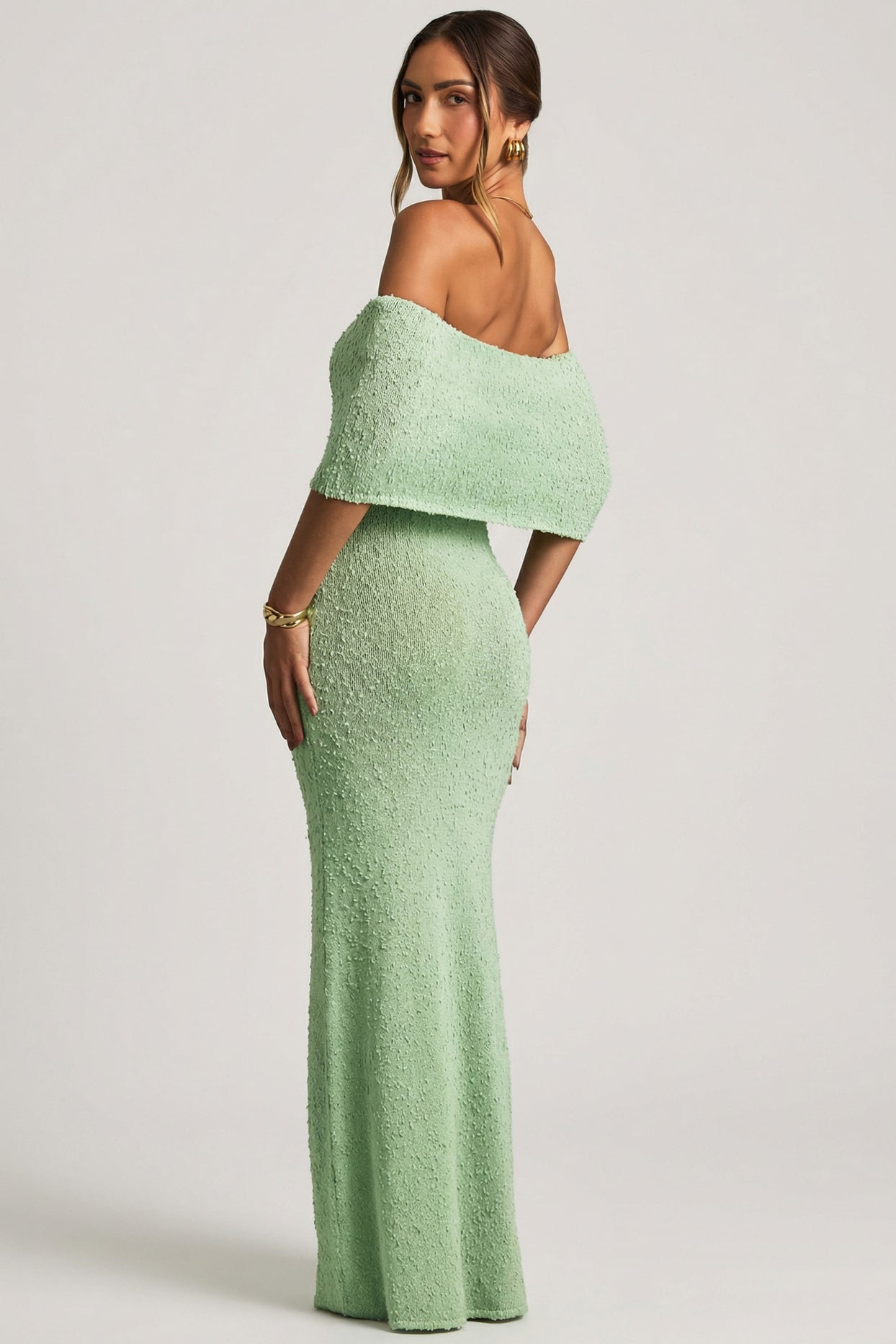 Bouclé Off-Shoulder Maxi Dress in Mint - 2