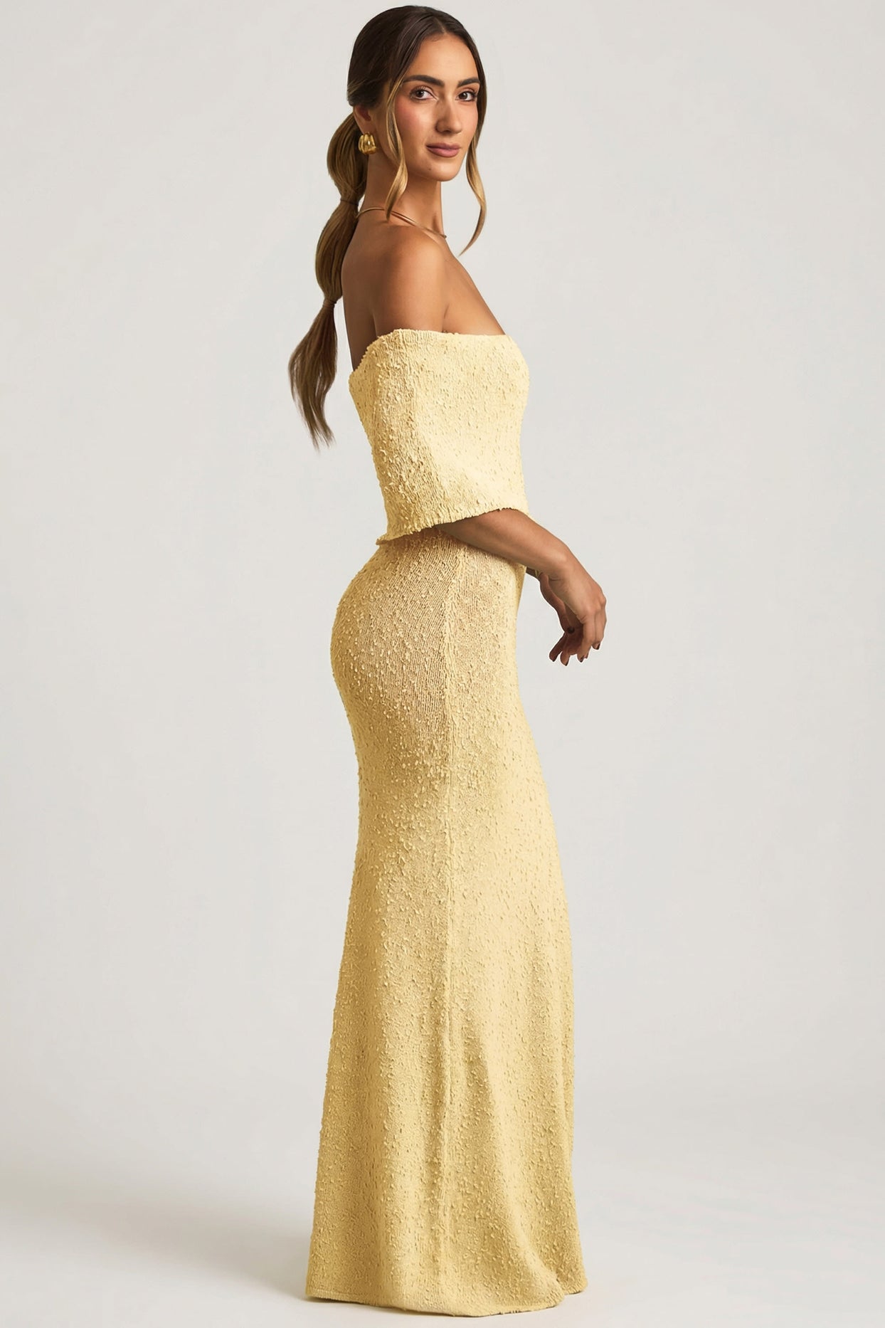 Bouclé Off-Shoulder Maxi Dress in Yellow - 3