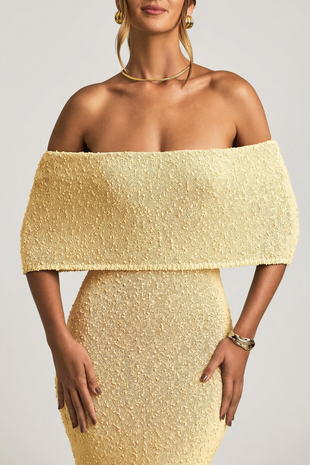 Bouclé Off-Shoulder Maxi Dress in Yellow - 4