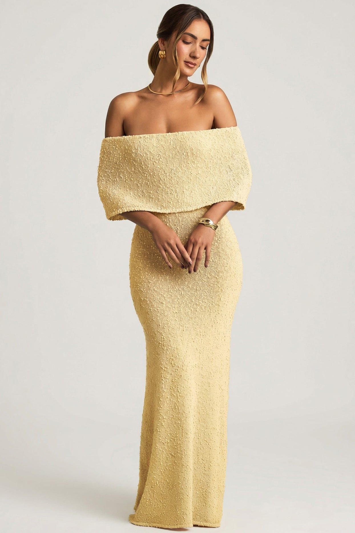 Bouclé Off-Shoulder Maxi Dress in Yellow - 6