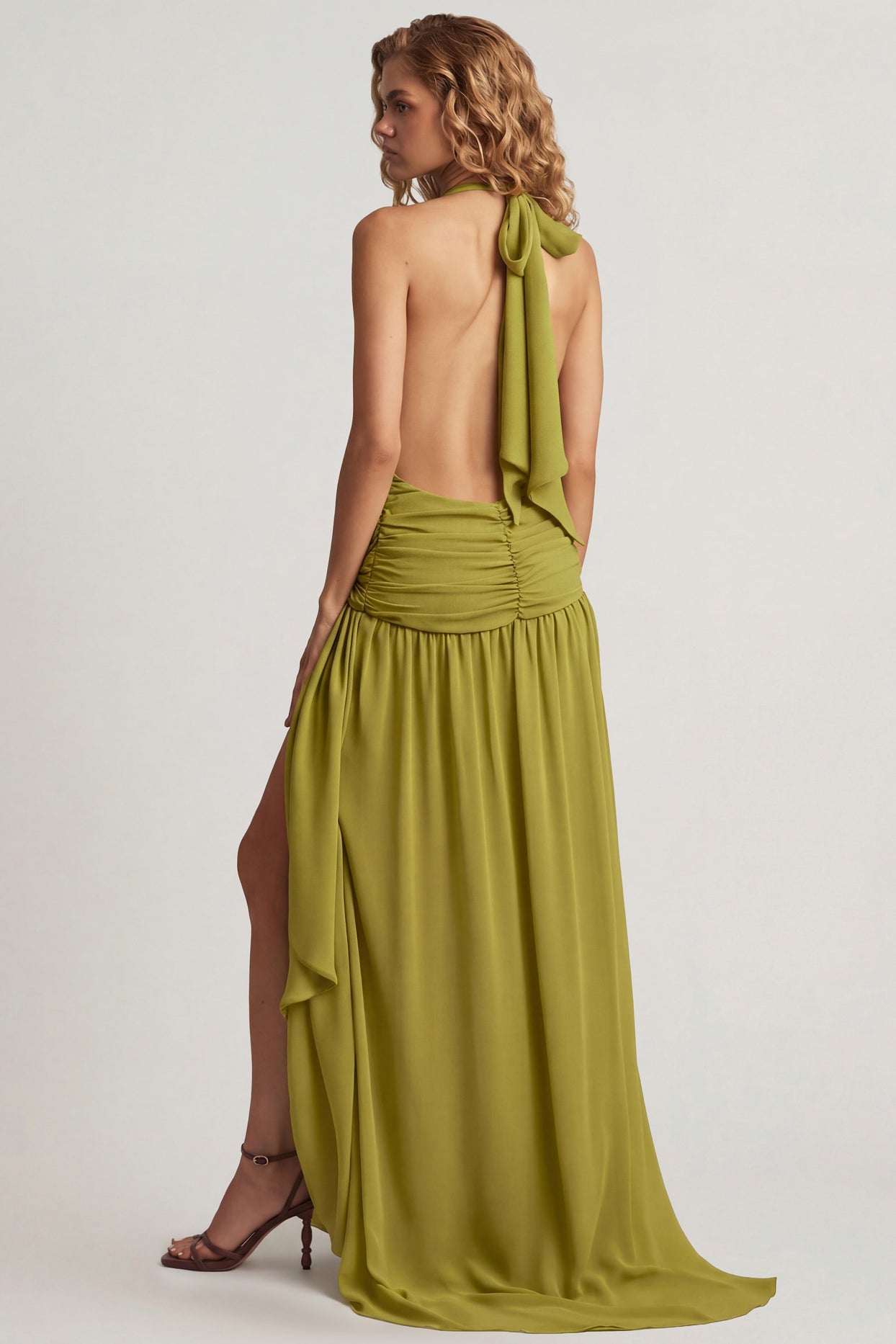 Asymmetric Halterneck Maxi Dress in Olive Green - 2