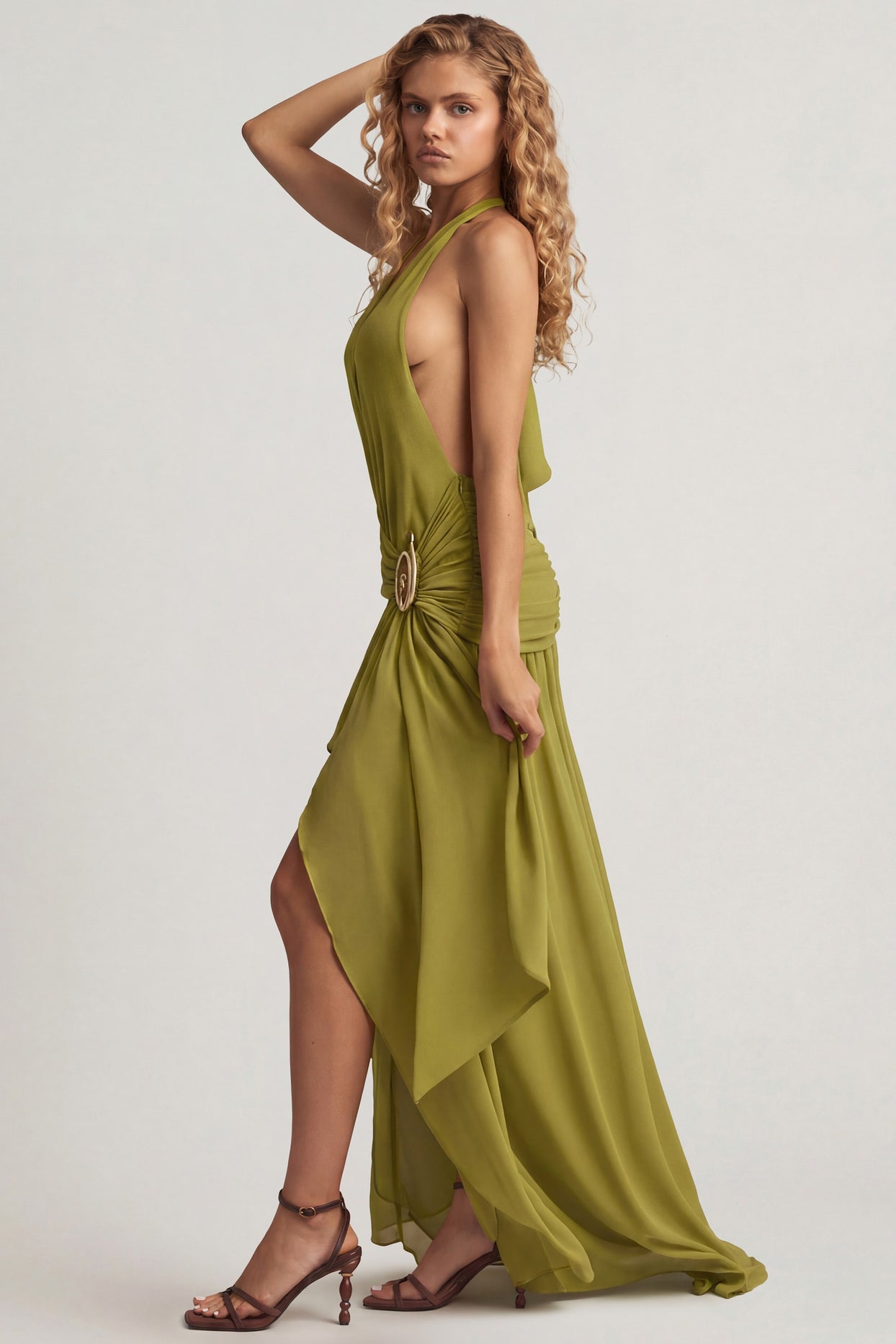Asymmetric Halterneck Maxi Dress in Olive Green - 3