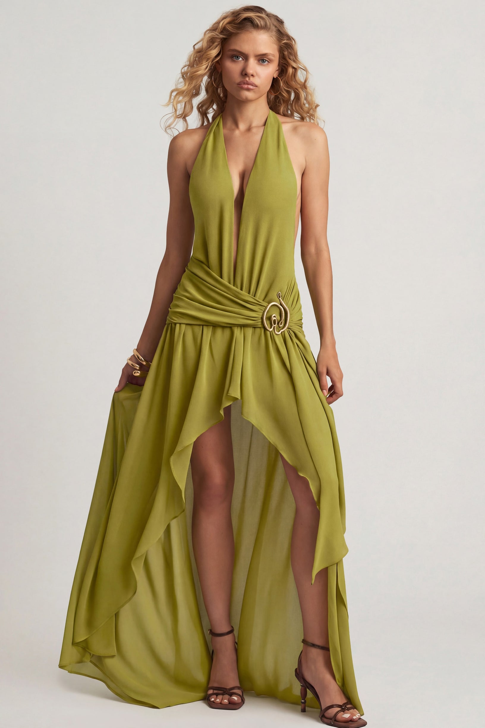 Asymmetric Halterneck Maxi Dress in Olive Green - 1