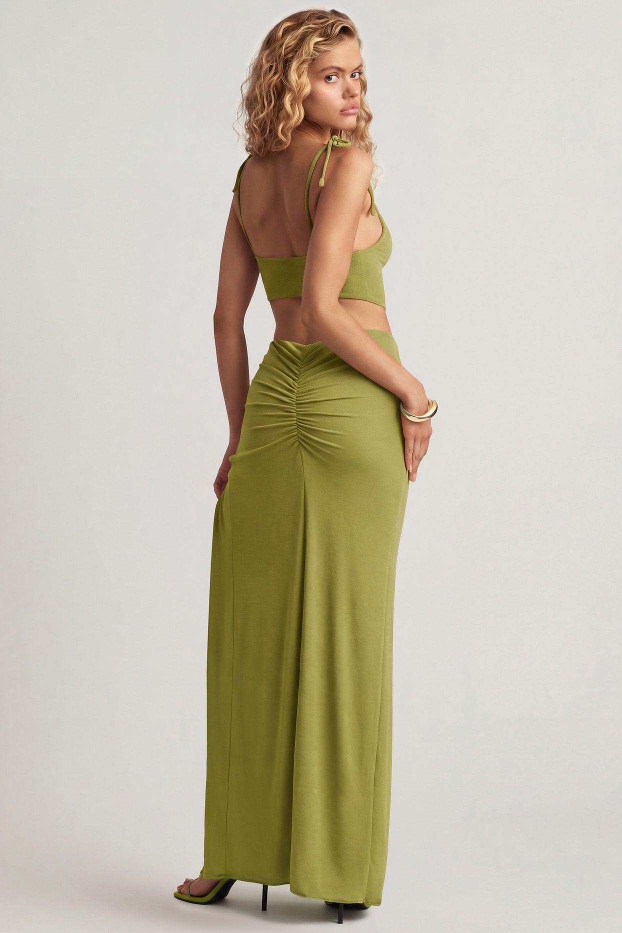 Textured Jersey Asymmetric Maxi Dress in Olive Green - 2