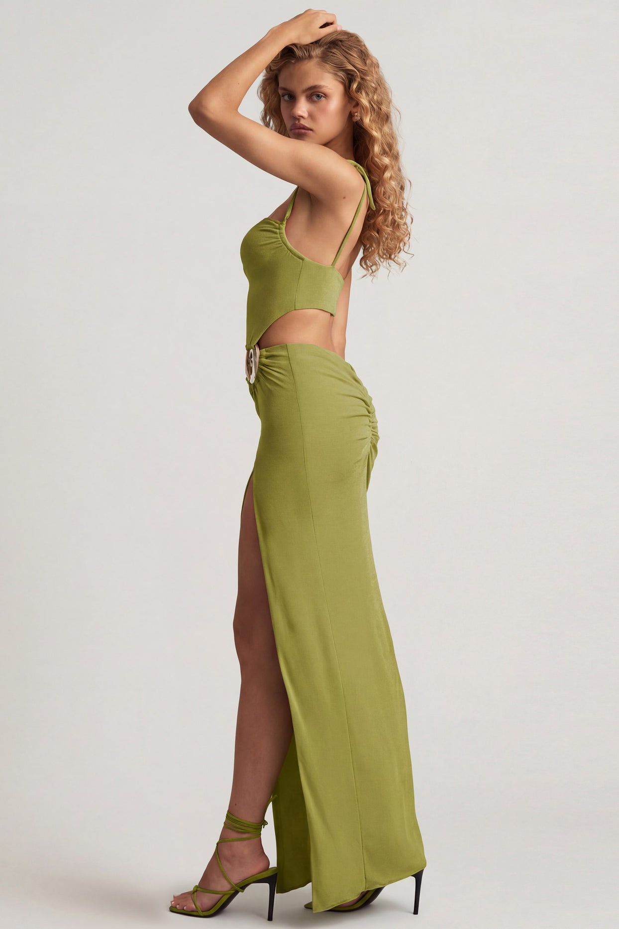 Textured Jersey Asymmetric Maxi Dress in Olive Green - 6