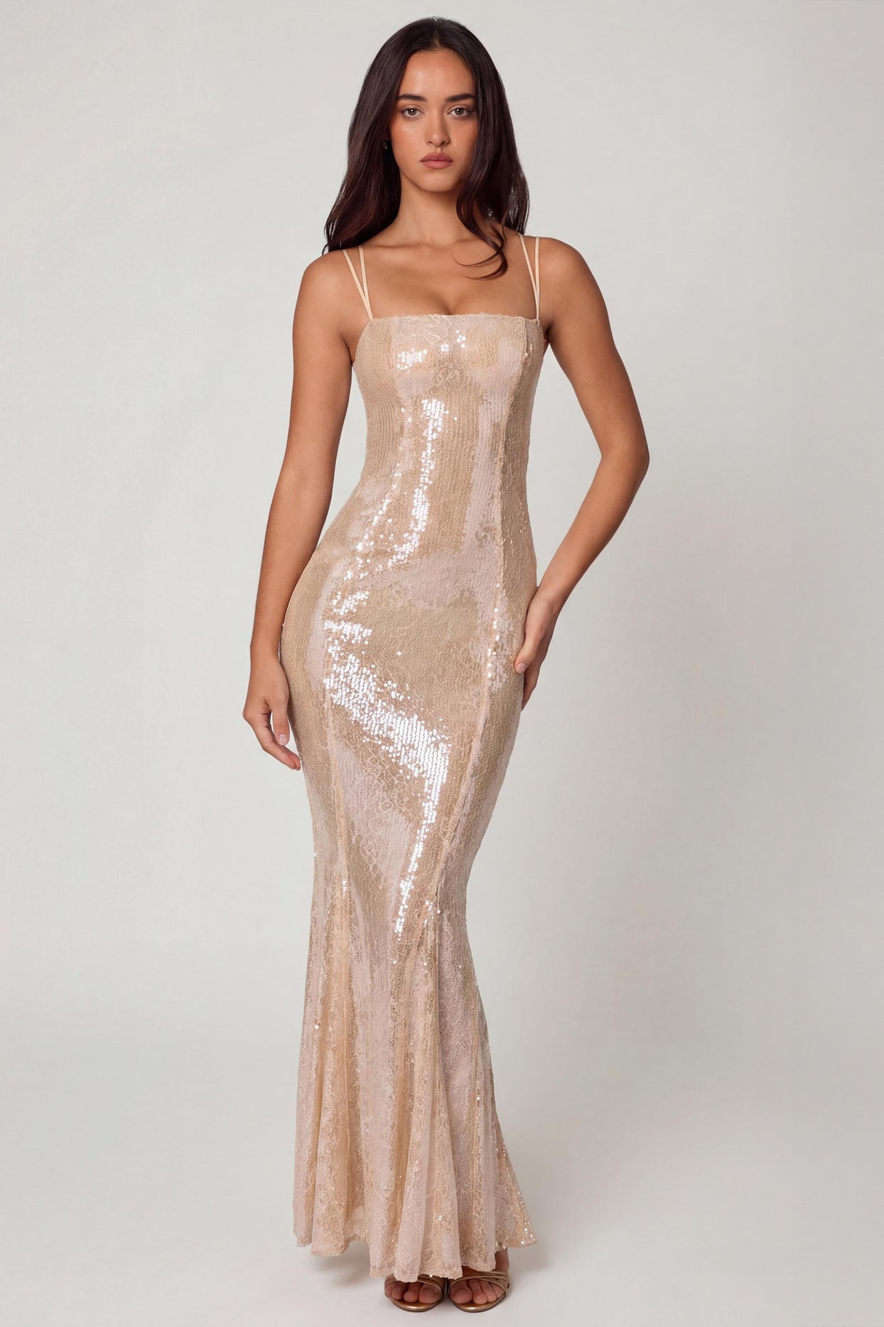 Embellished Square Neck Lace Gown in Pale Peach - 1