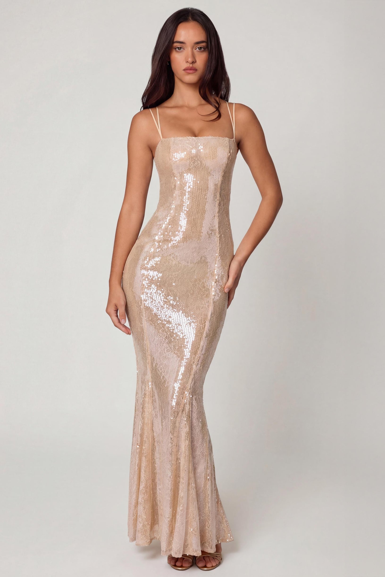 Embellished Square Neck Lace Gown in Pale Peach - 1