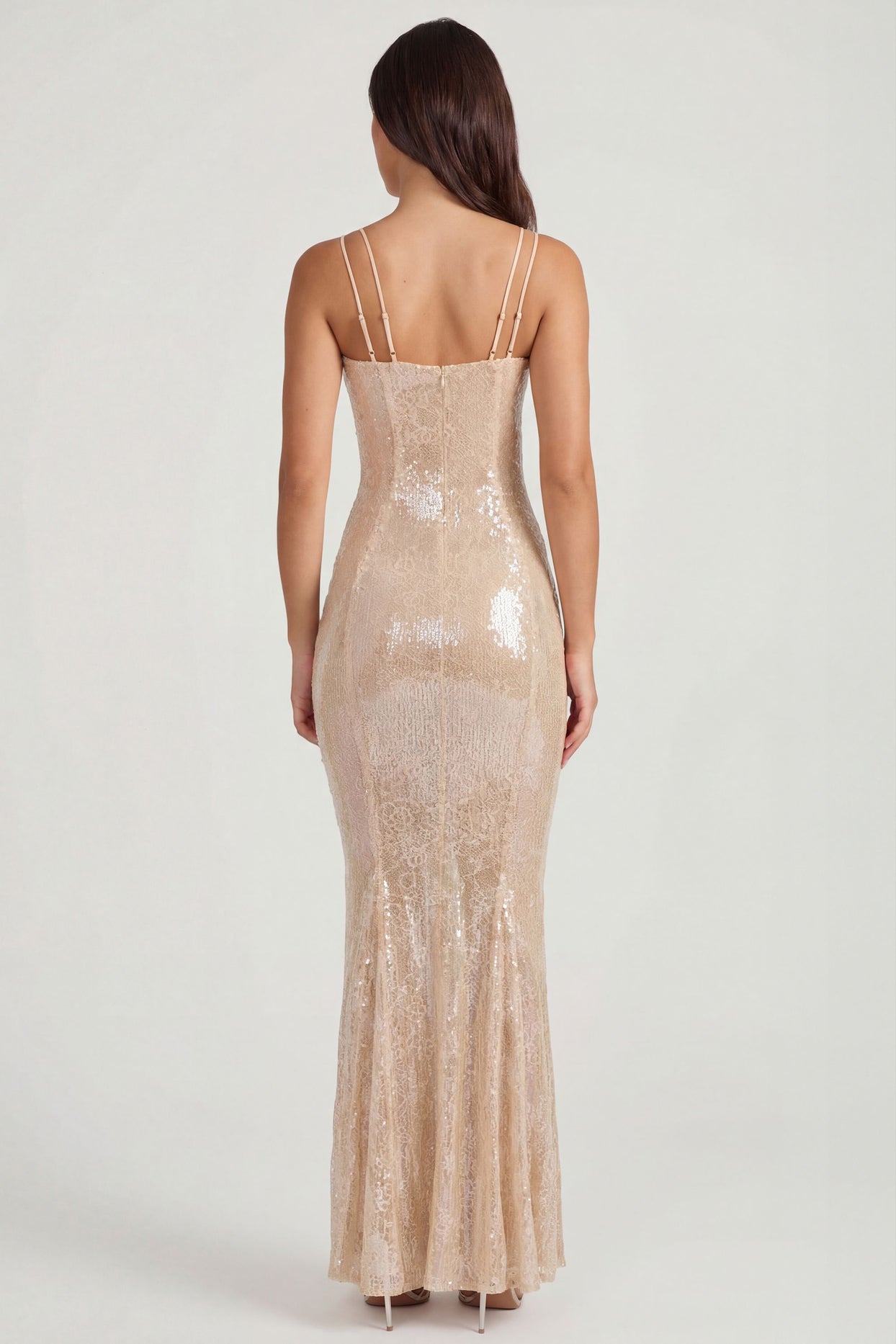 Embellished Square Neck Lace Gown in Pale Peach - 2