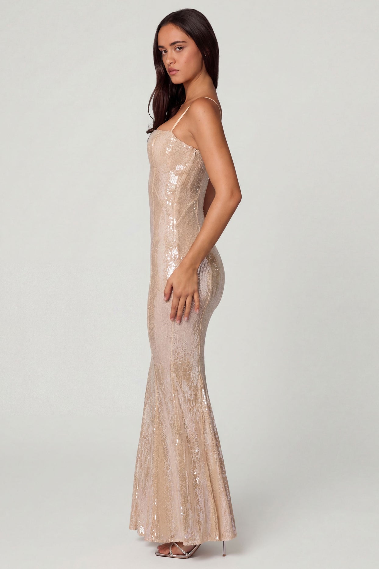 Embellished Square Neck Lace Gown in Pale Peach - 3