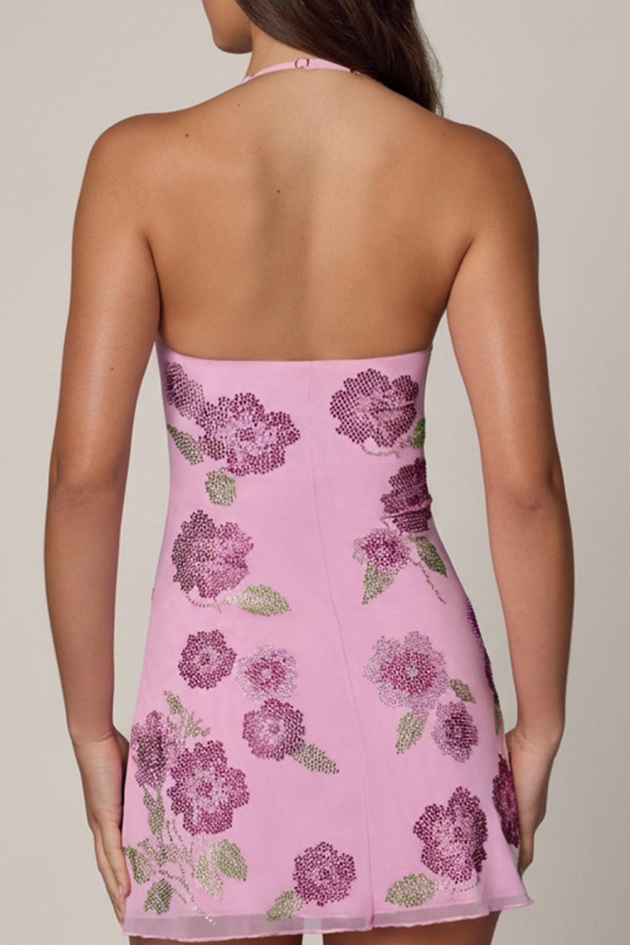 Embellished Halterneck Mini Dress in Soft Pink - 2