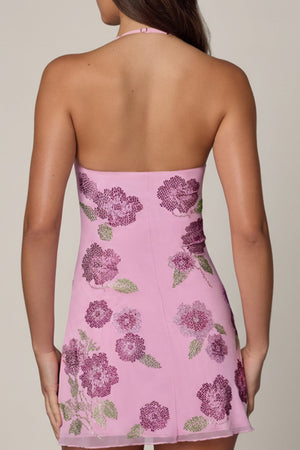 Oh Polly's Roberta wearing the Galene Mini Dress in Ballet Pink Mesh, Square Hotfix fabric, perfect for a girls' night out