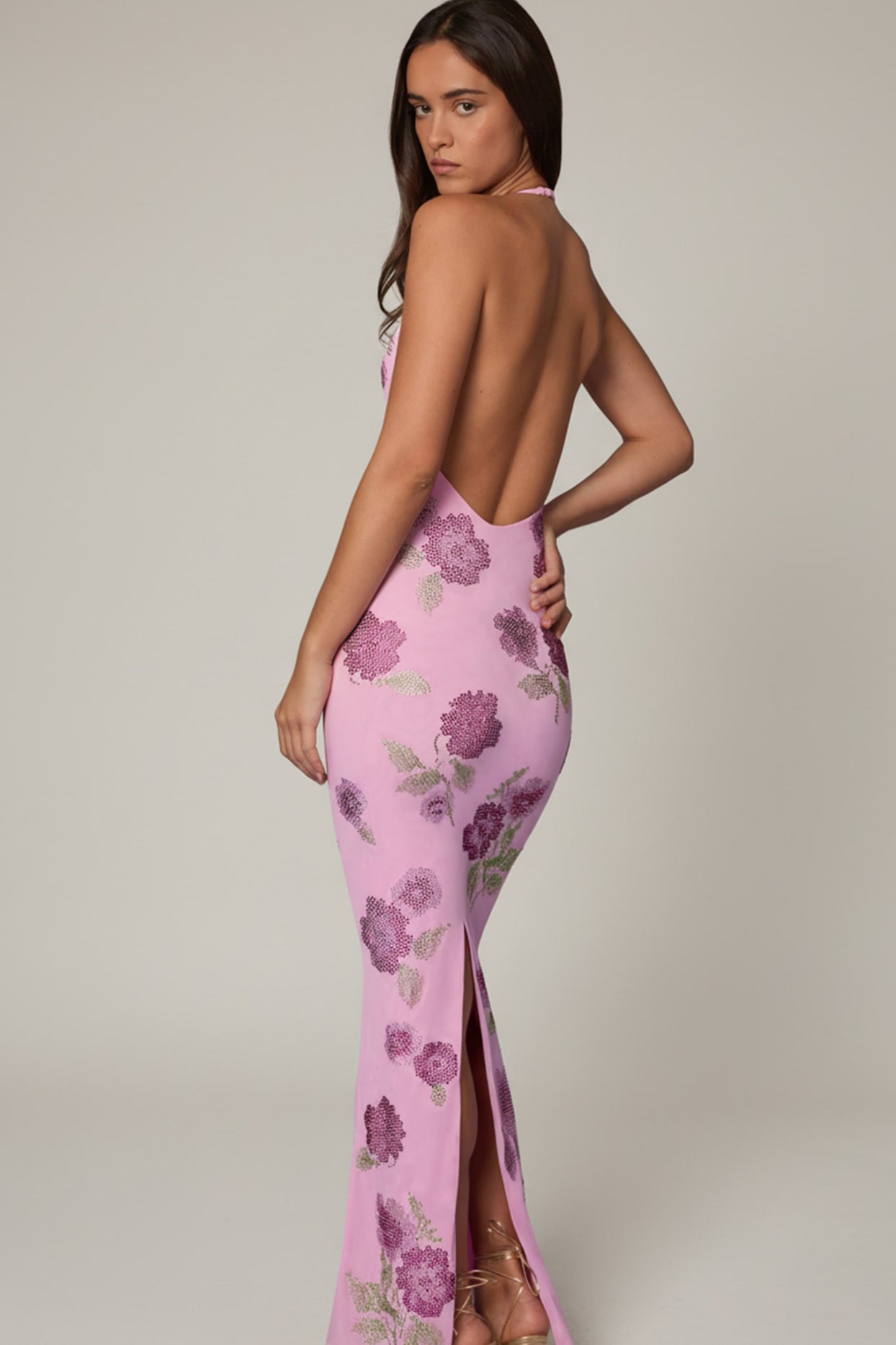 Embellished Halterneck Maxi Dress in Soft Pink - 7