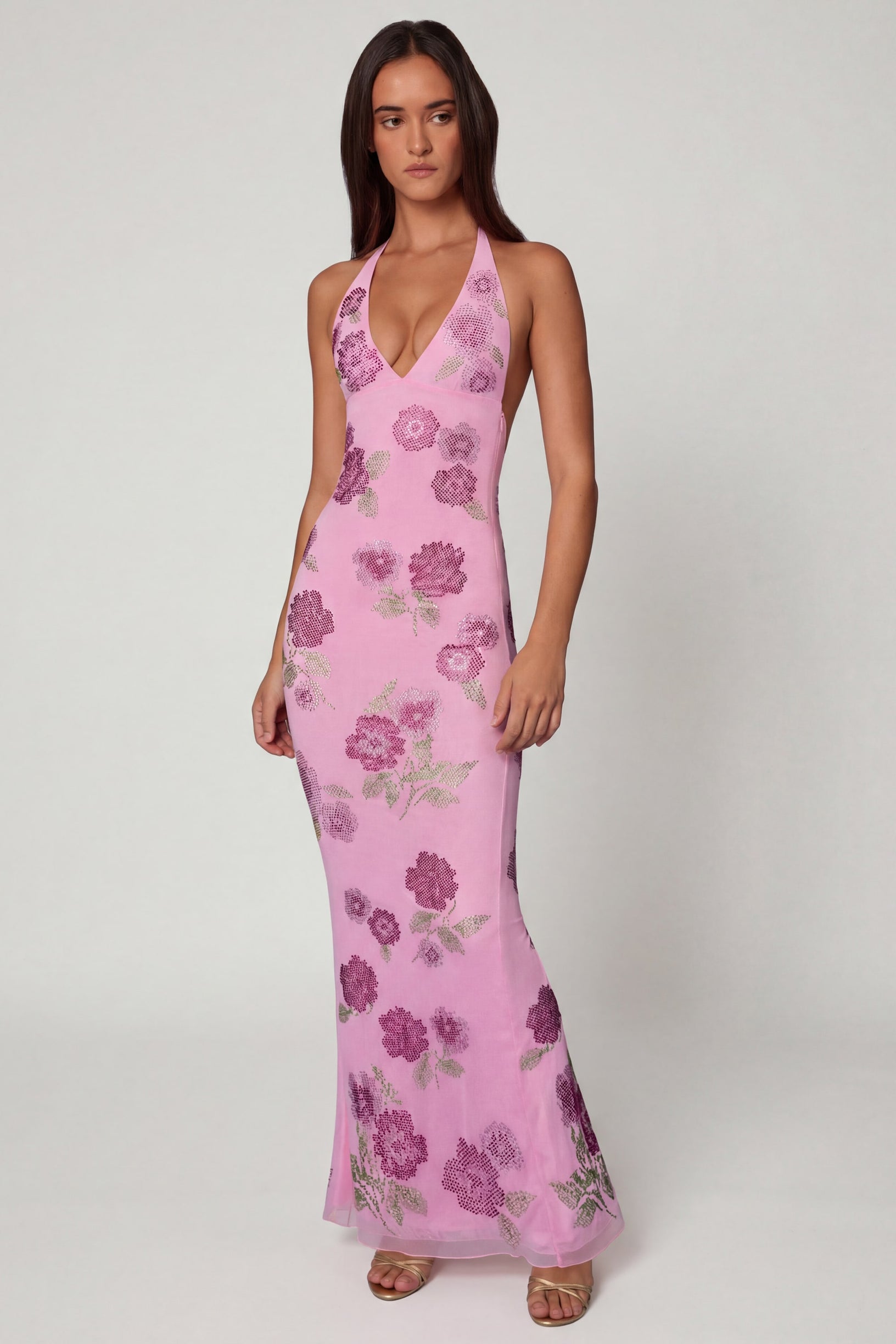 Embellished Halterneck Maxi Dress in Soft Pink - 1