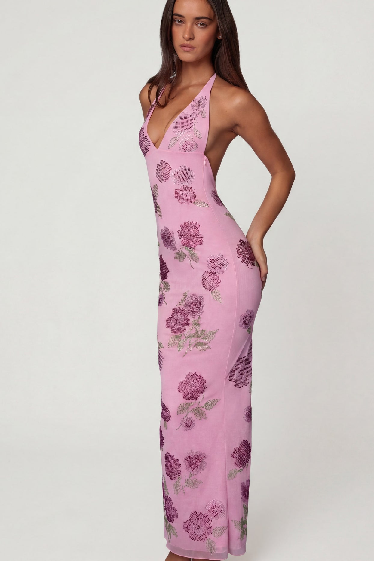 Embellished Halterneck Maxi Dress in Soft Pink - 5