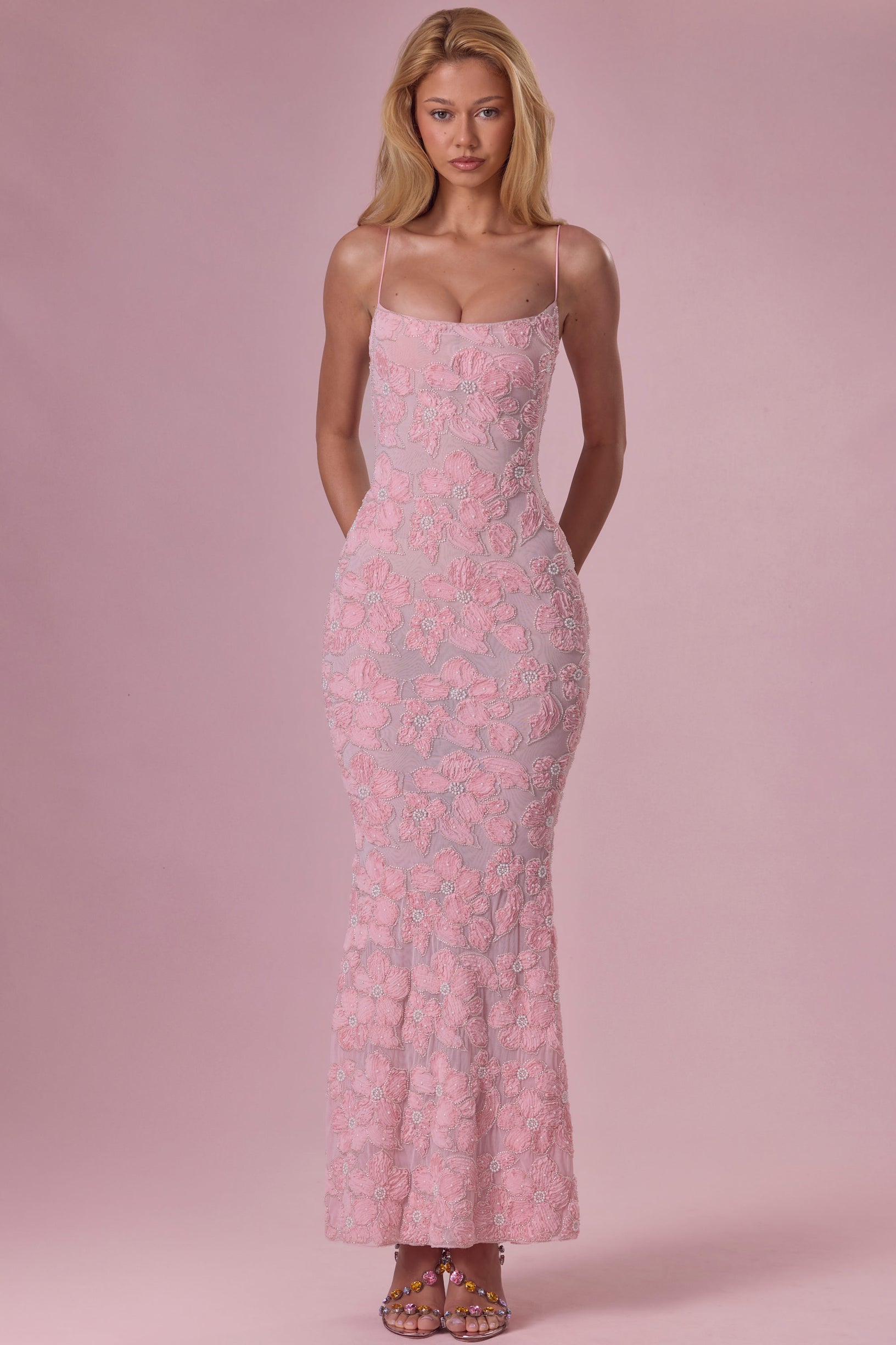 Embellished Square Neck Maxi Dress in Blush - 1