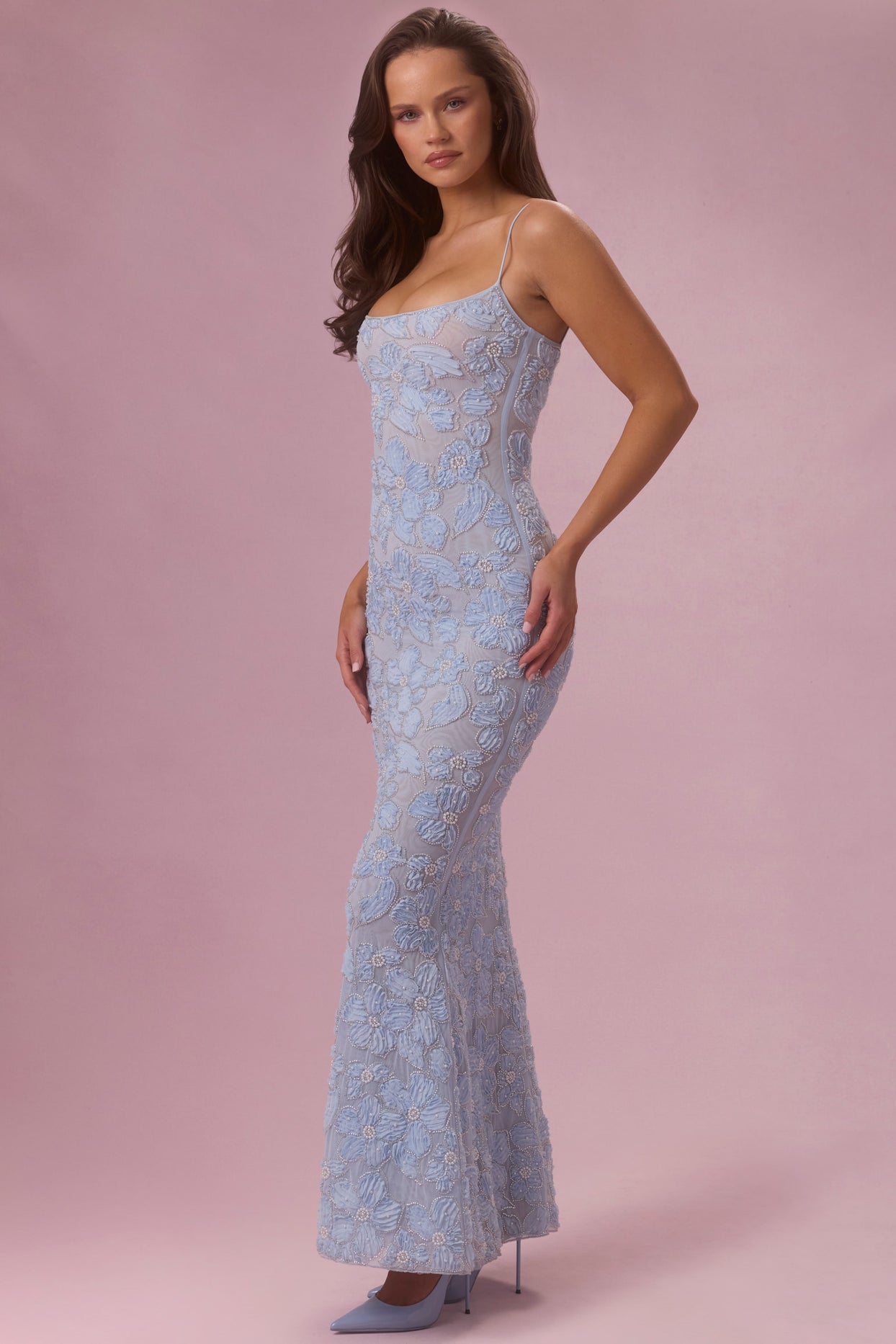 Embellished Square Neck Maxi Dress in Sky Blue - 6