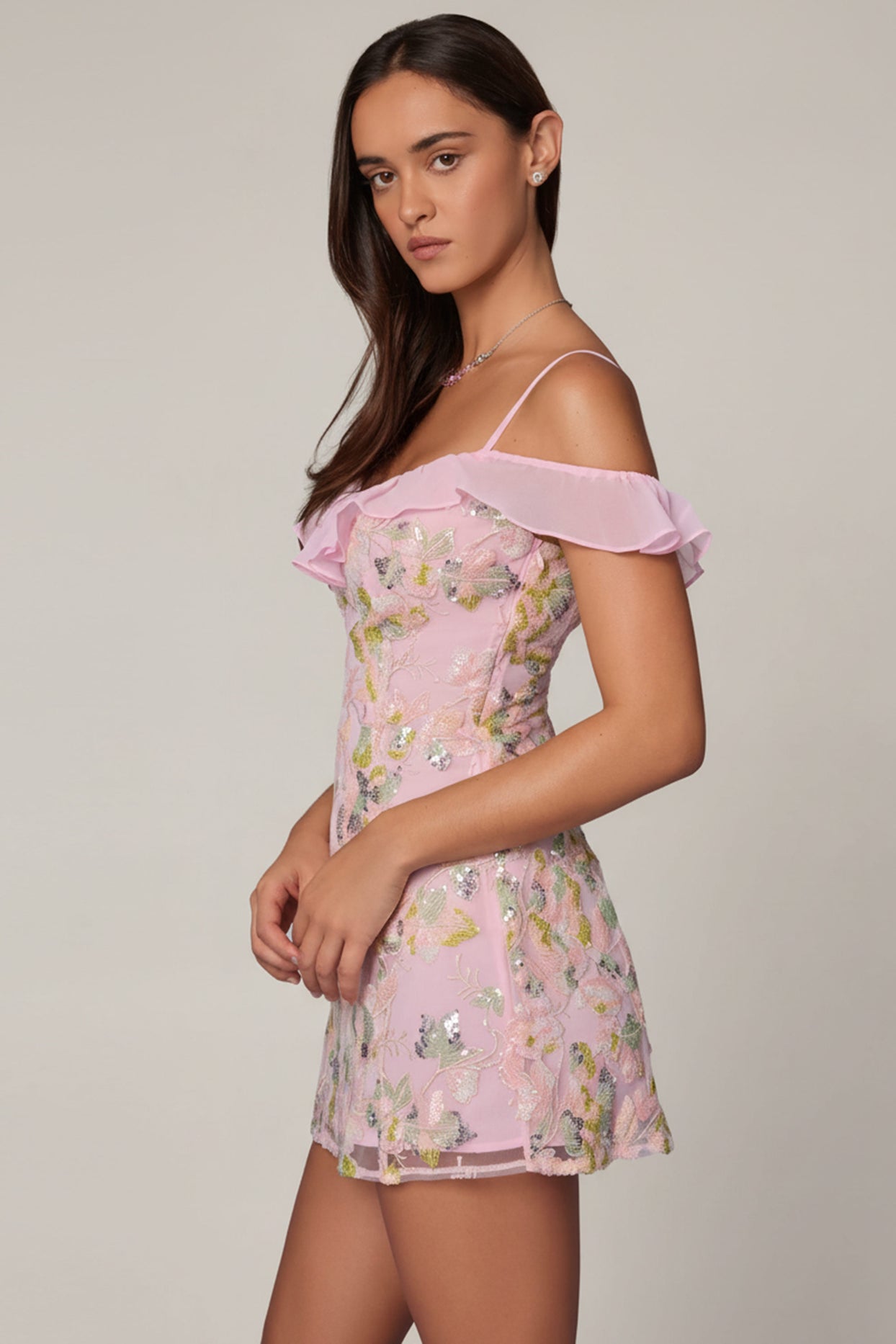Embellished Lace-Up A-Line Mini Dress in Soft Pink - 3