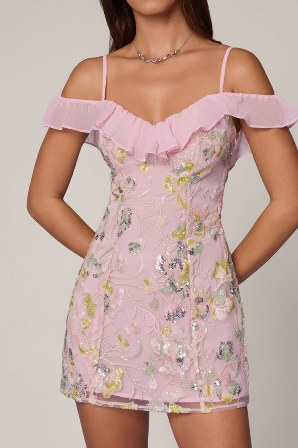 Embellished Lace-Up A-Line Mini Dress in Soft Pink - 4
