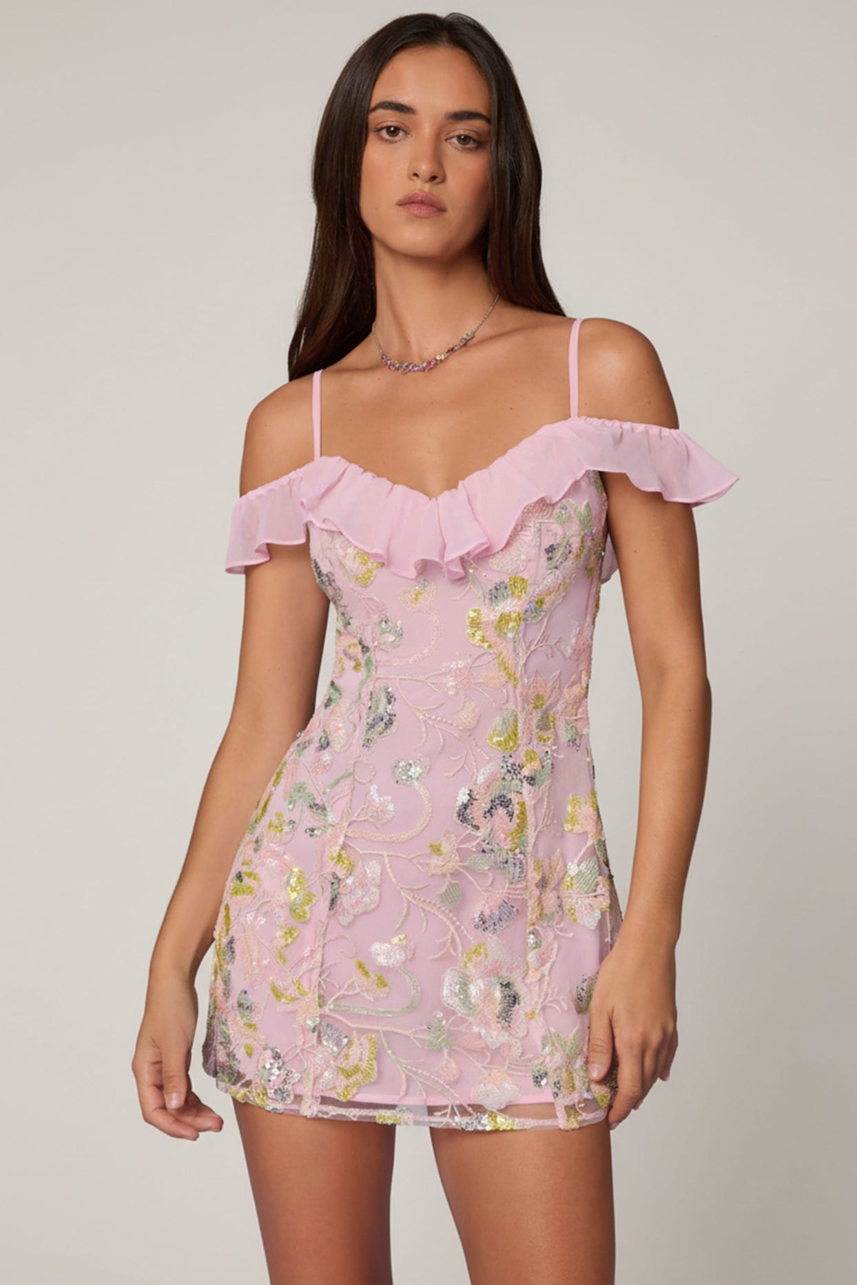 Embellished Lace-Up A-Line Mini Dress in Soft Pink - 6
