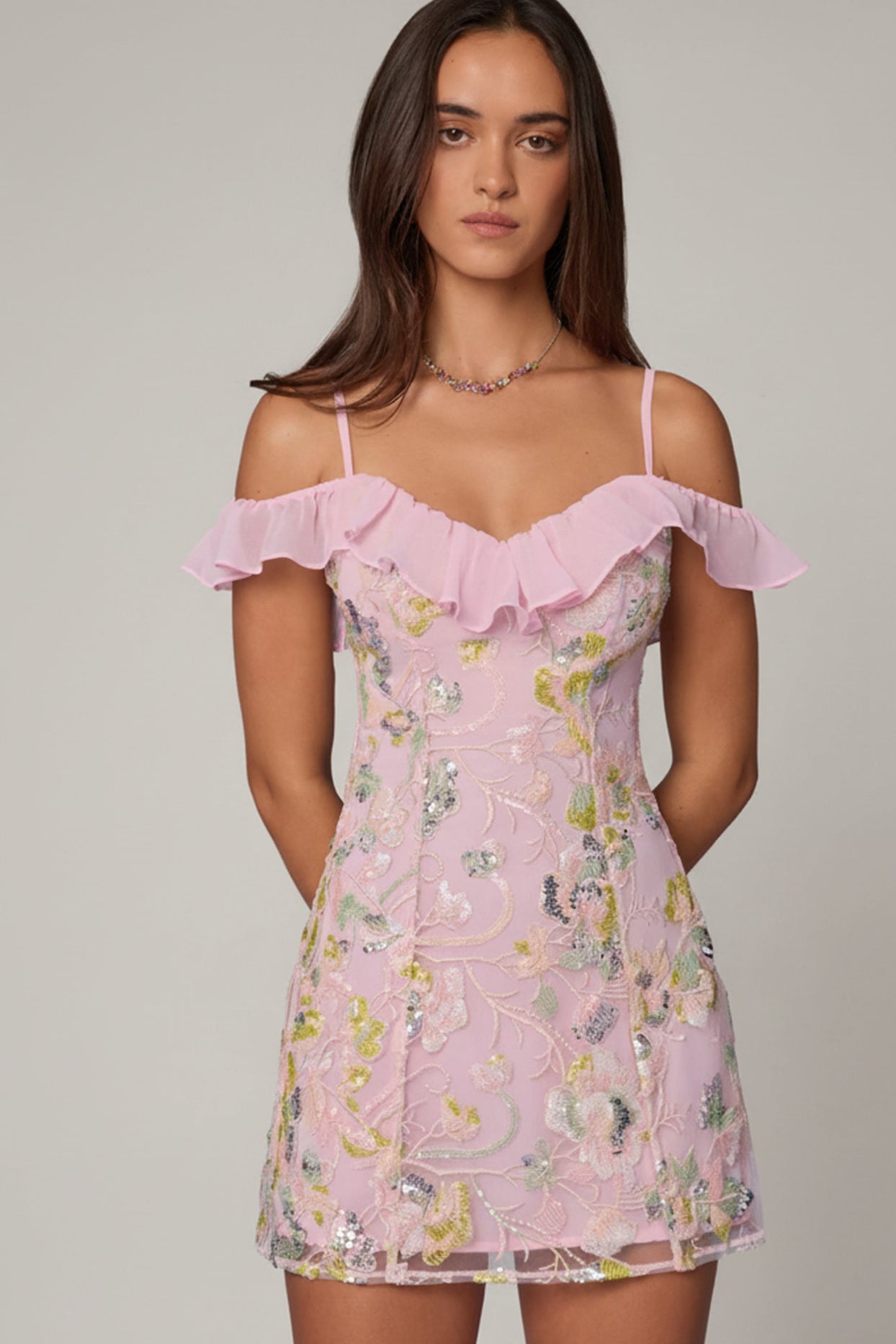 Embellished Lace-Up A-Line Mini Dress in Soft Pink - 7