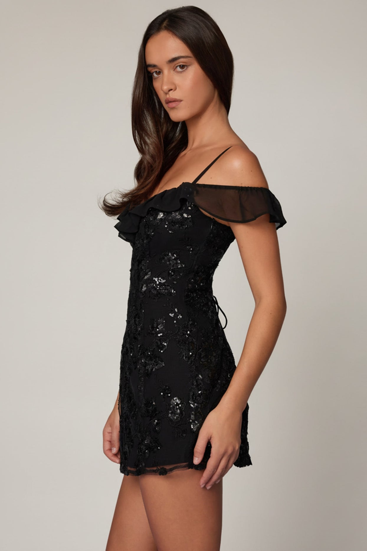 Embellished Lace-Up A-Line Mini Dress in Black - 3